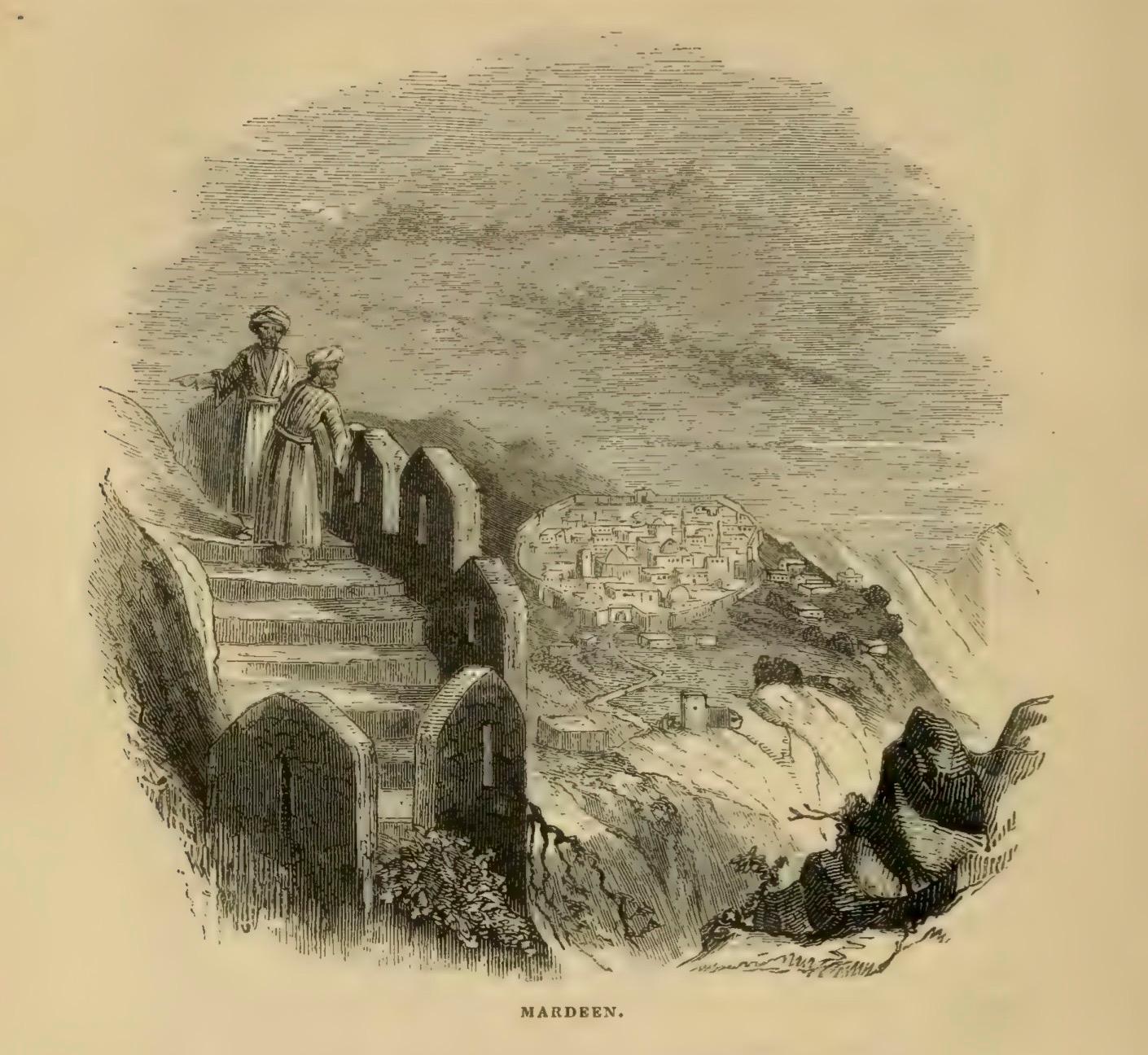 View of Mardin (Mardeen) with two men on a crenellated wall