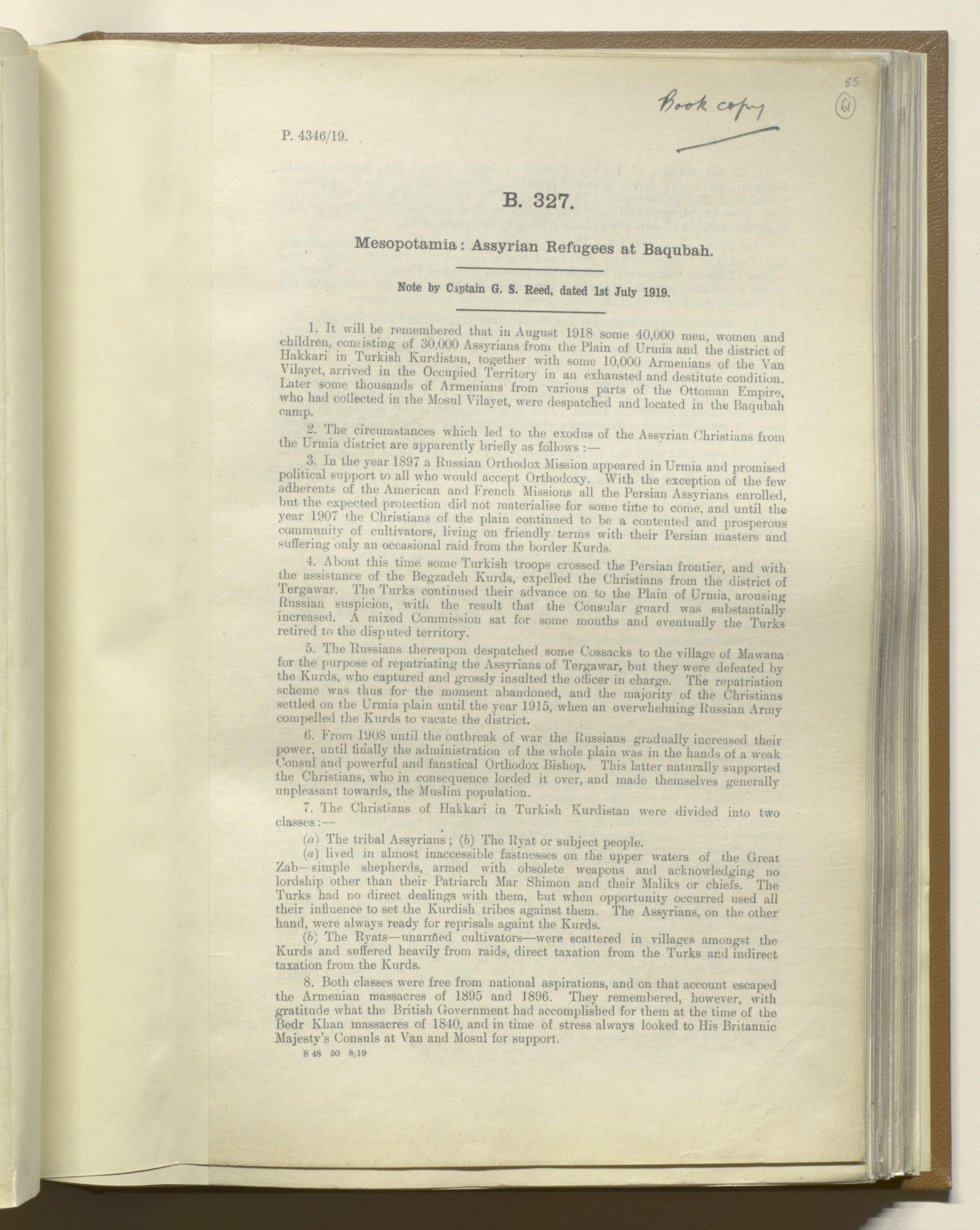 Note on the Assyrian refugees at Baqubah by Captain G. S. Reed, 1919