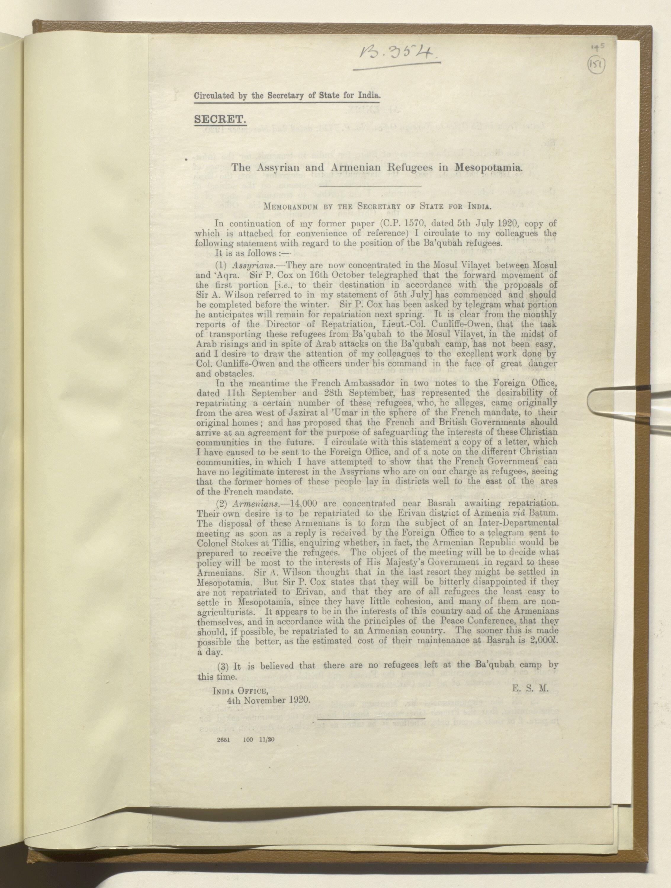 Memorandum on the Assyrian and Armenian refugees in Mesopotamia, 1920