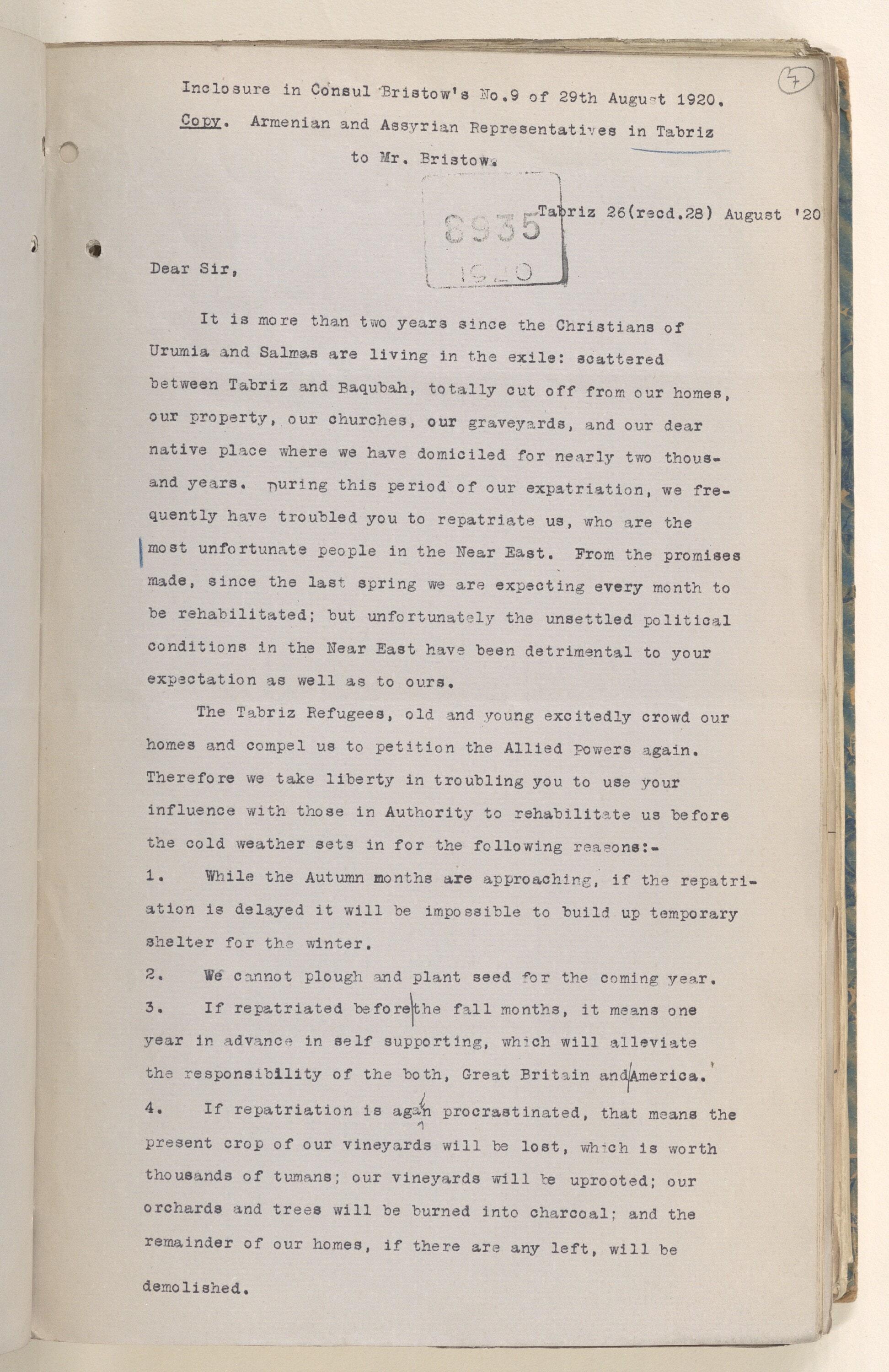 Letter from Assyrian and Armenian refugee representatives in Tabriz, 1920