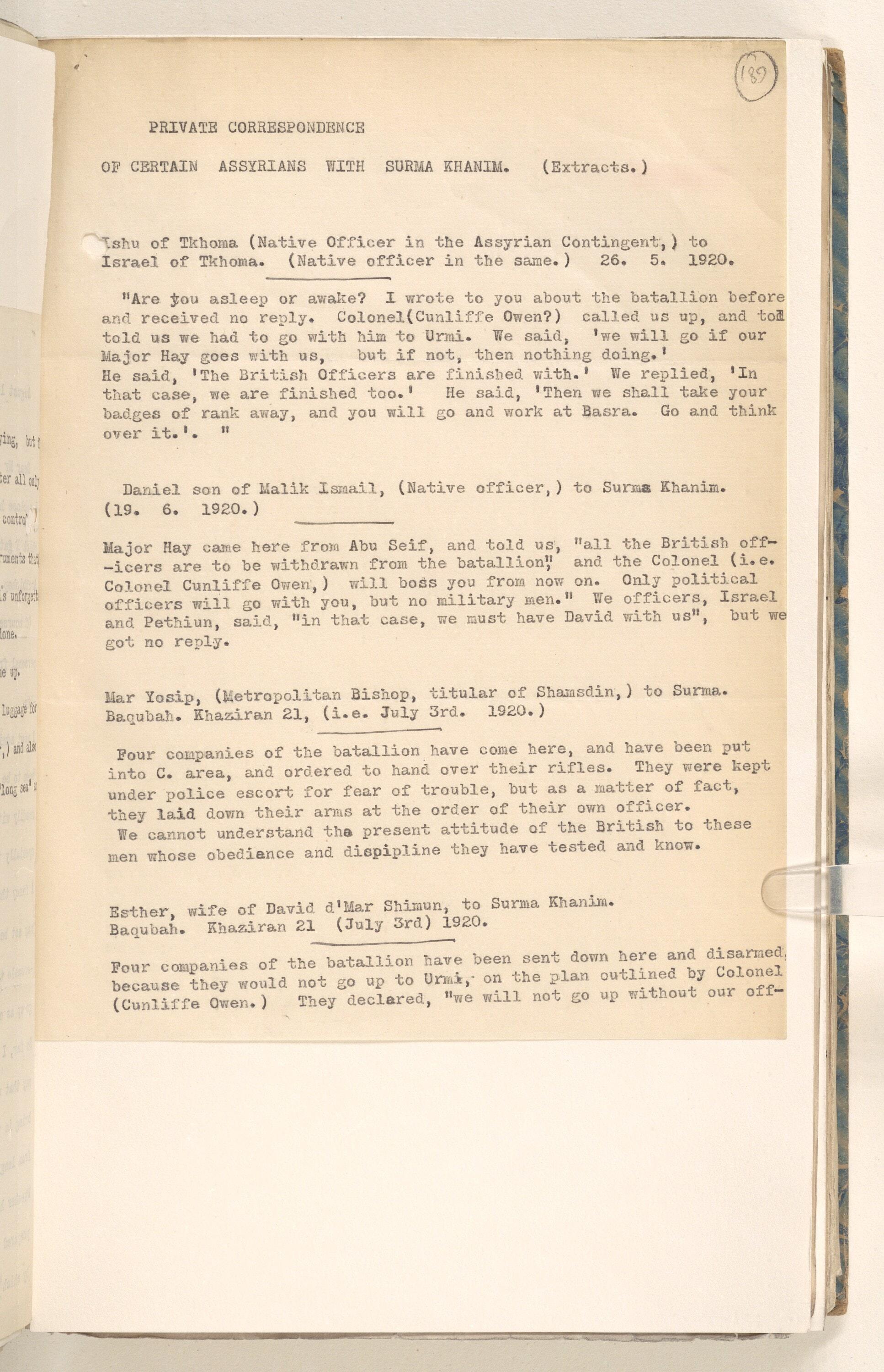 Extracts of letters from Assyrians at Baqubah to Surma Khanim, 1920