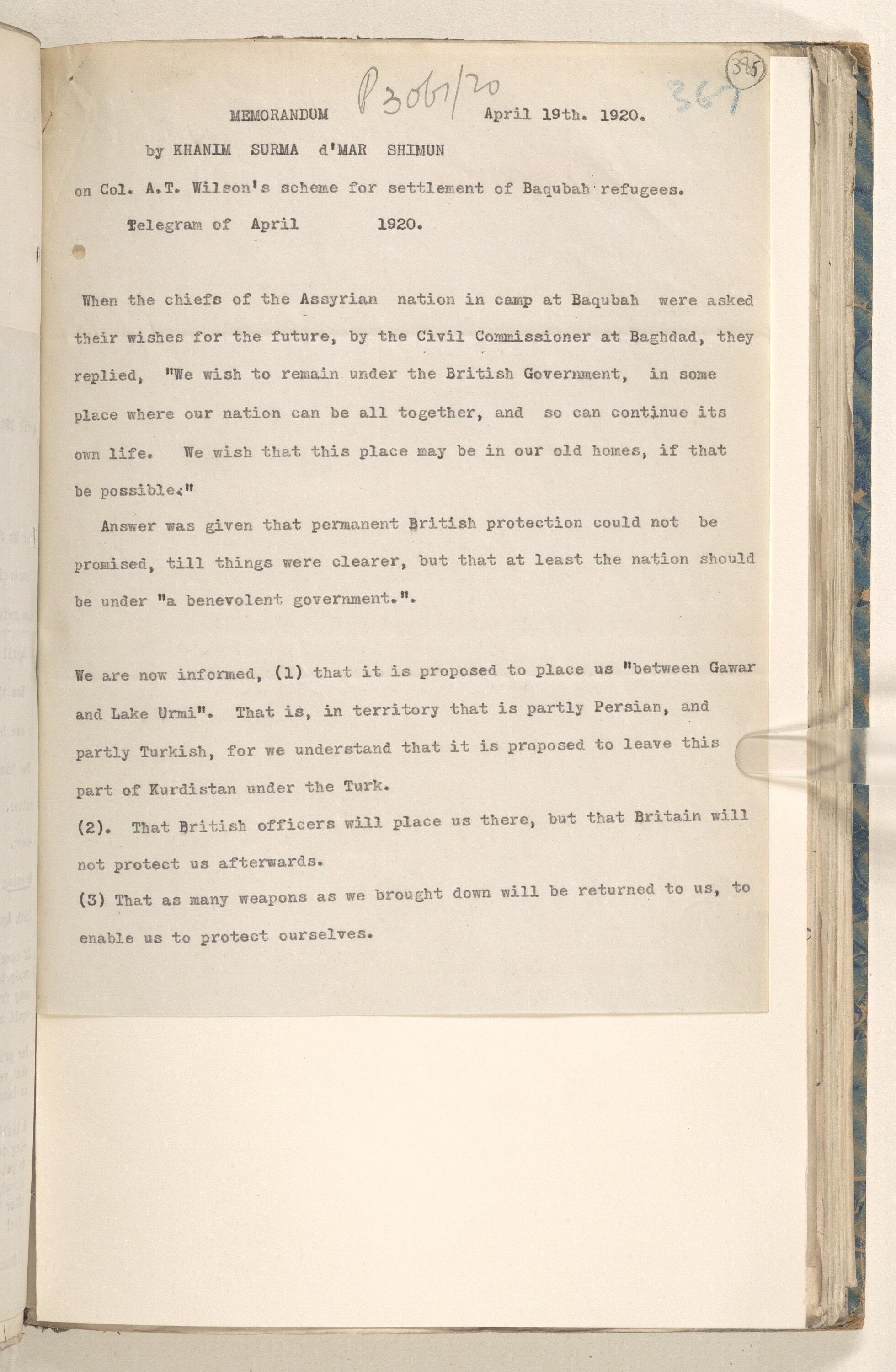 Surma d'Bait Mar Shimun's memorandum on the Baqubah settlement scheme, 1920