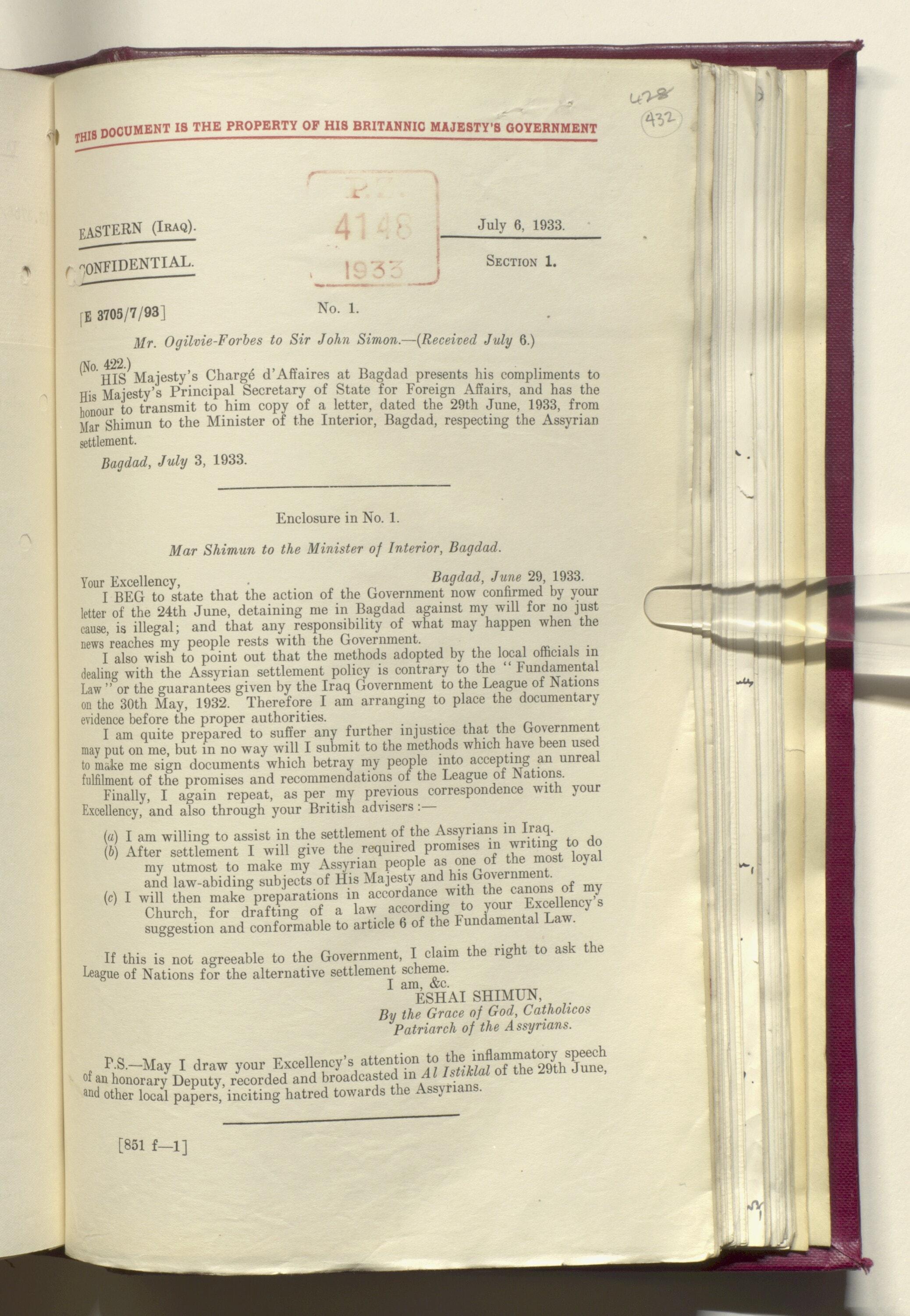Mar Eshai Shimun to the Iraqi Minister of the Interior, June 1933