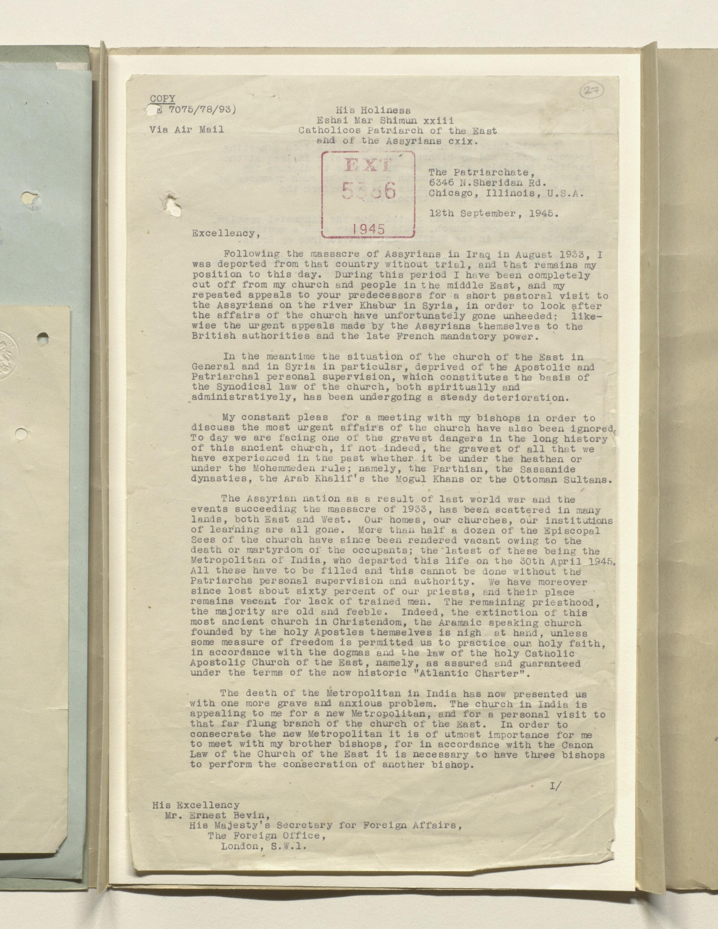 Mar Eshai Shimun writes to Ernest Bevin from Chicago, 1945