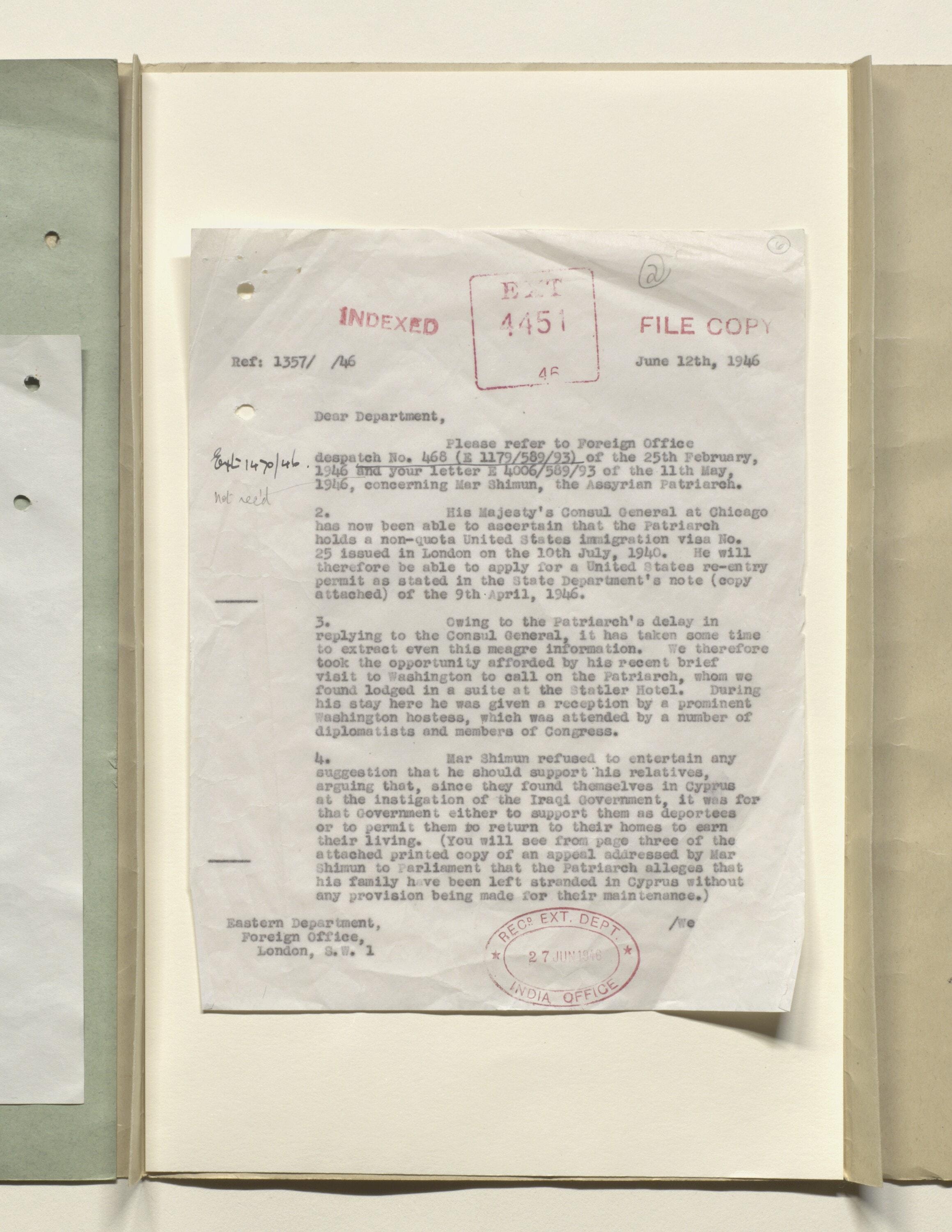 British report on Mar Eshai Shimun in Washington, 1946