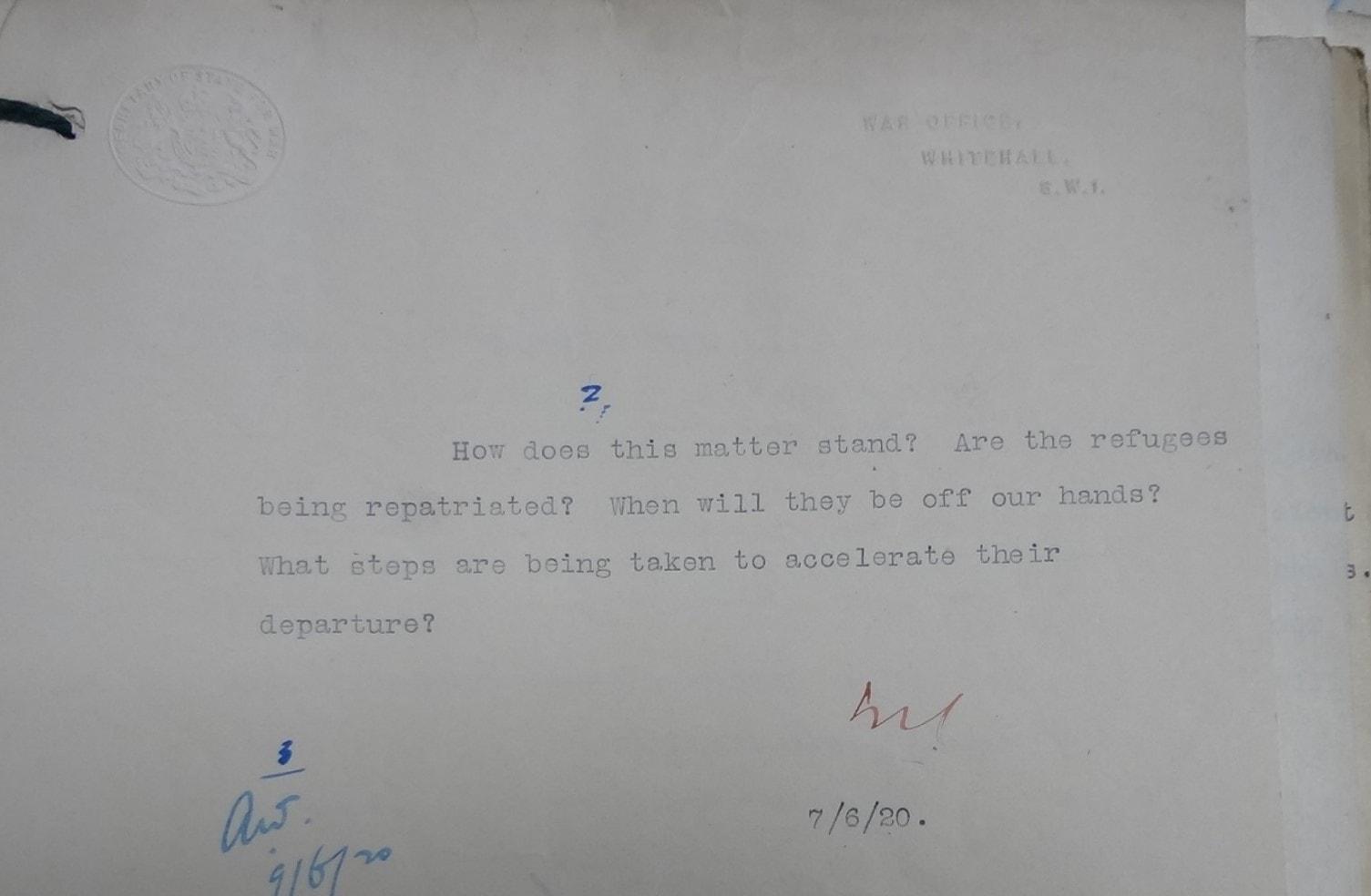 Winston Churchill's note on the Baqubah refugees, 7 June 1920
