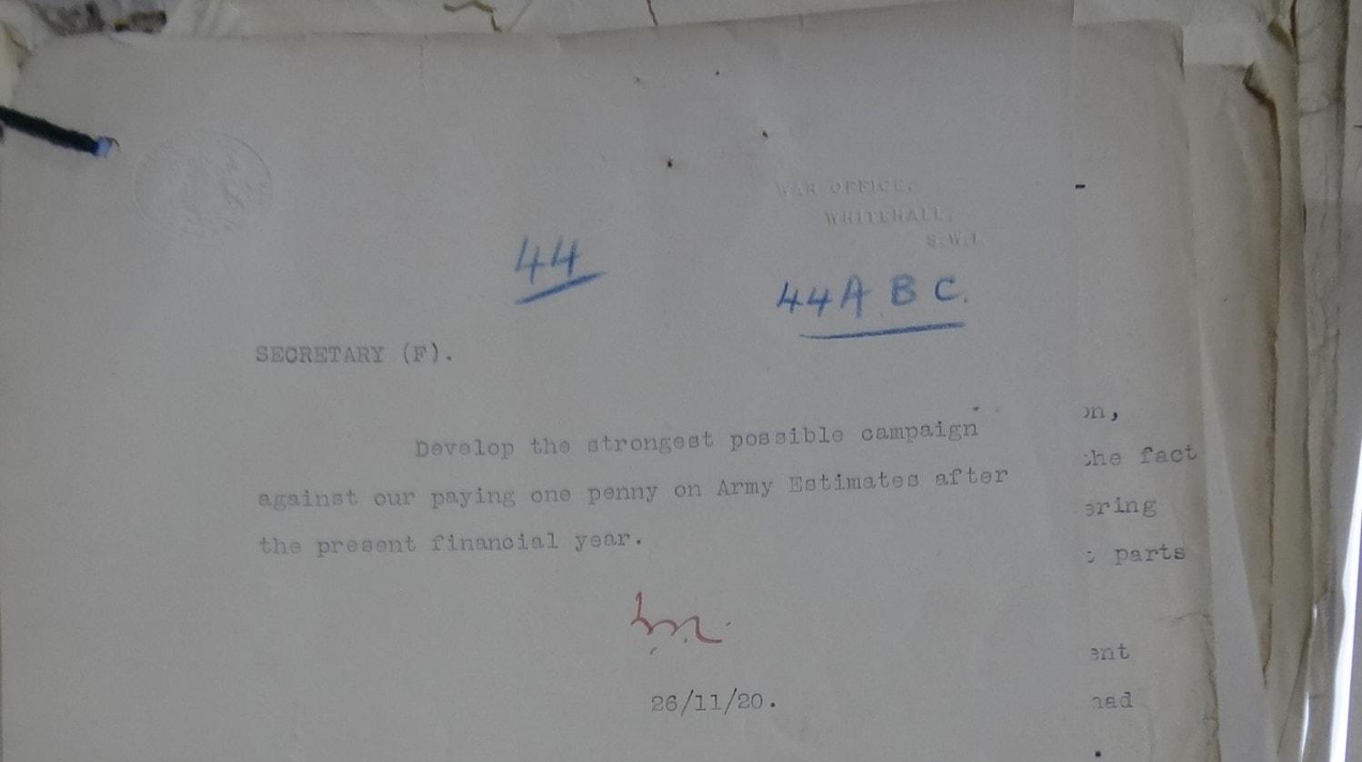 Winston Churchill's note on the cost of the Assyrian refugees, 26 November 1920