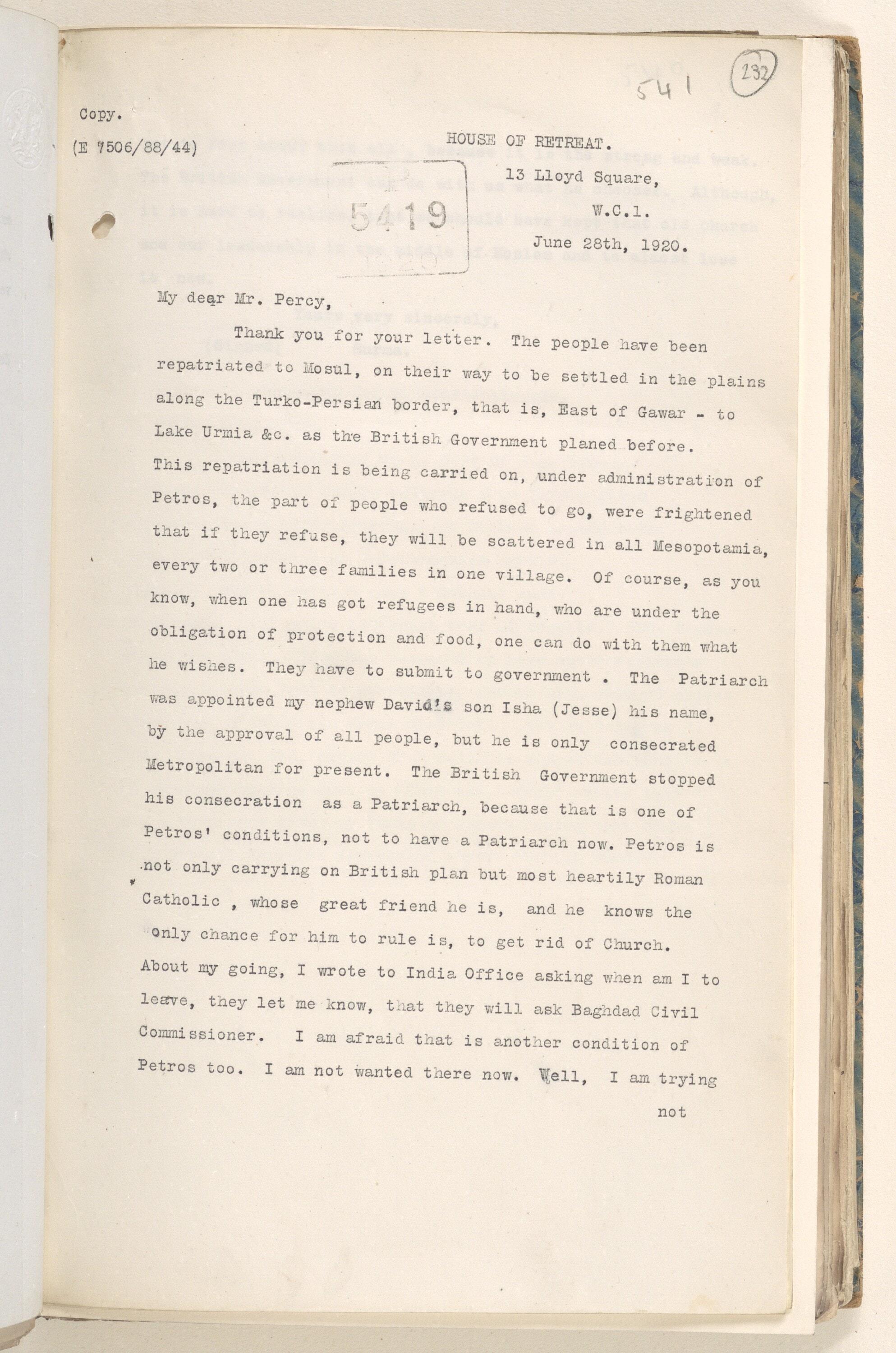 Letter from Surma d'Bait Mar Shimun in London, June 1920