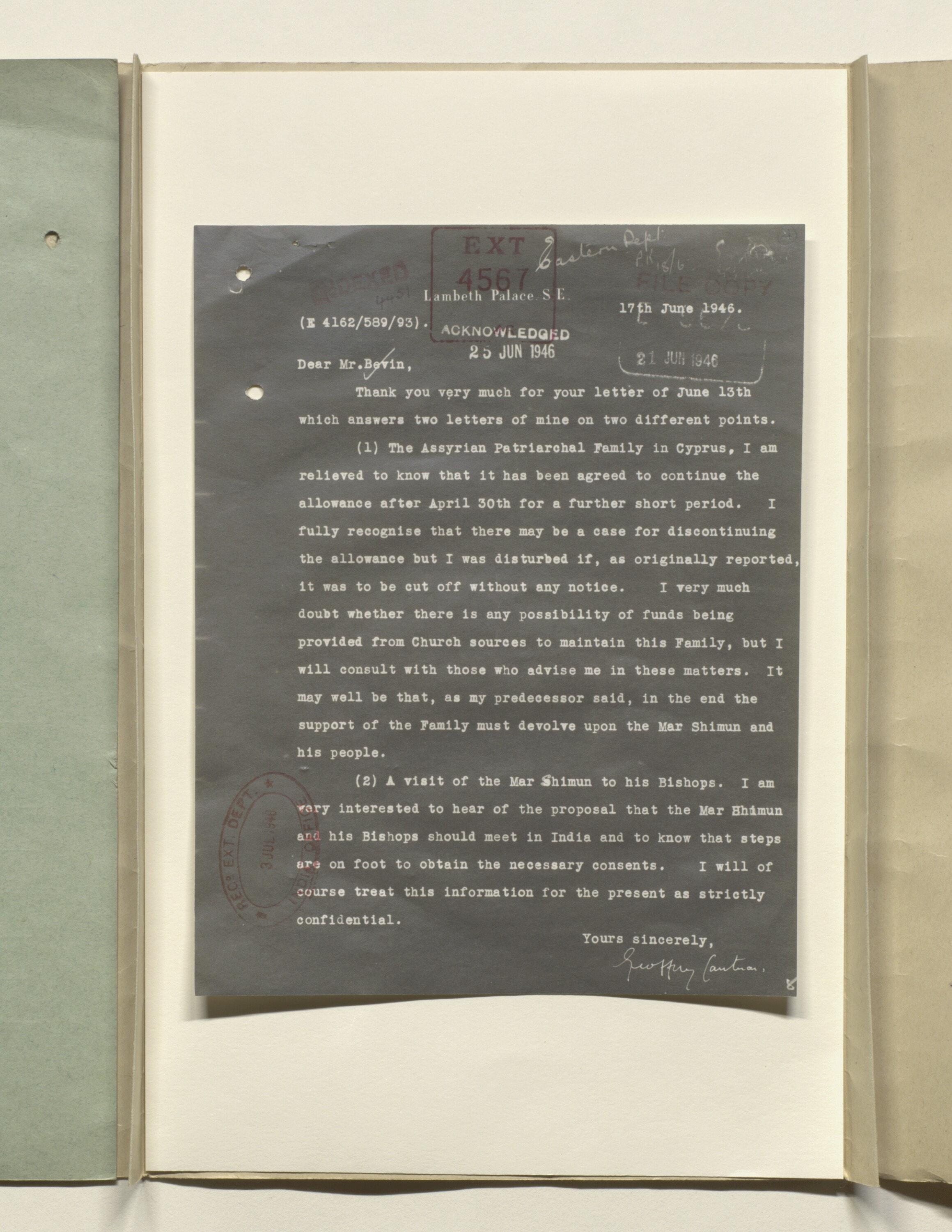 Archbishop of Canterbury to Bevin on the Assyrian Patriarchal family, 1946