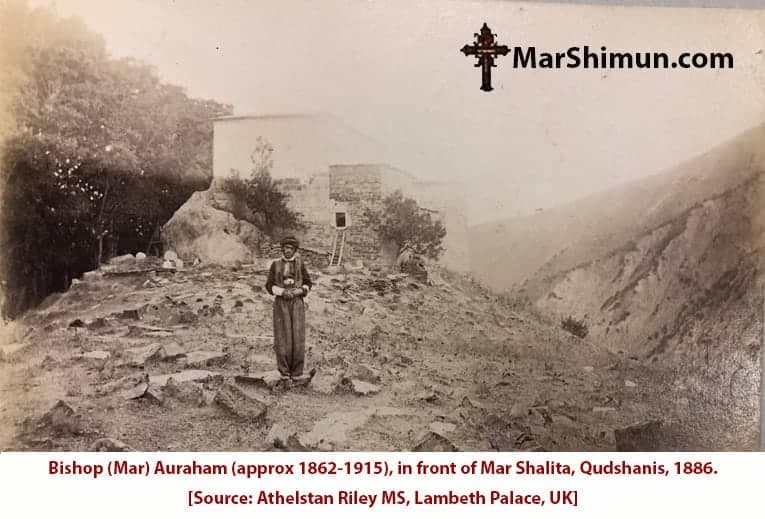 Bishop Mar Auraham before the church of Mar Shalita, Qudshanis, 1886
