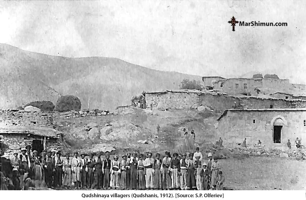 Villagers of Qudshanis lined up below the village, 1912