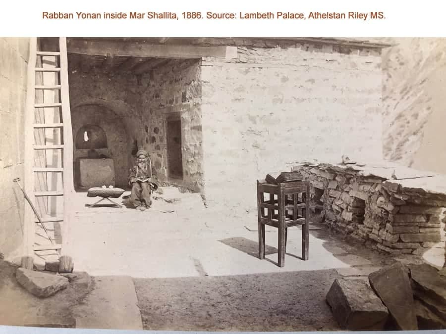 Rabban Yonan in the courtyard of Mar Shalita, Qudshanis, 1886