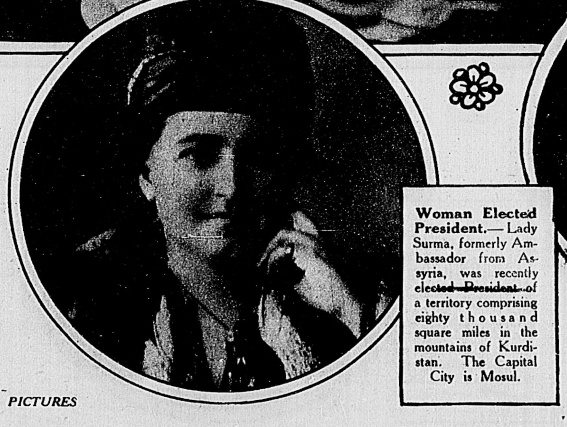 Lady Surma d'Bait Mar Shimun in a 1921 newspaper photo feature