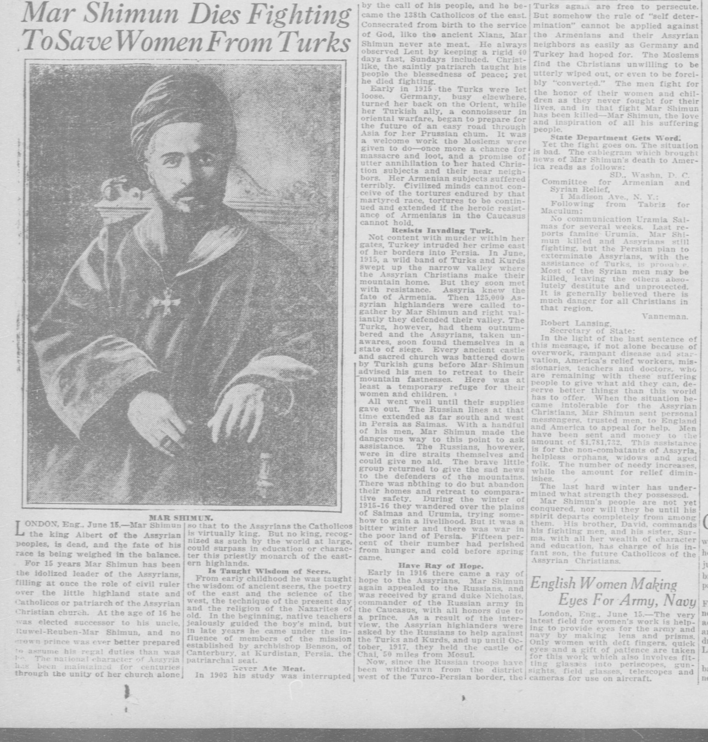 Newspaper report of the death of Patriarch Mar Shimun, June 1918