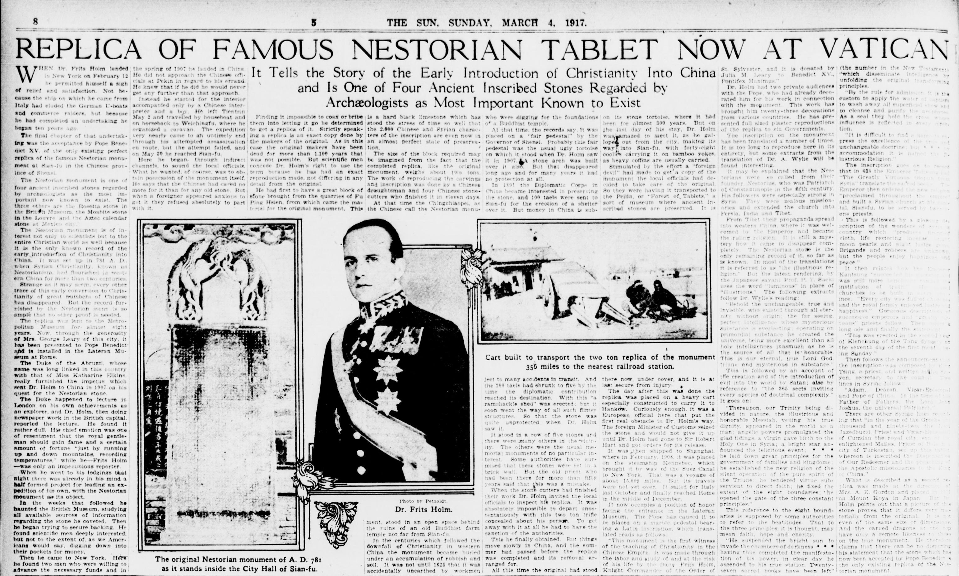 1917 newspaper feature on the Nestorian Stele of Xi'an and its replica