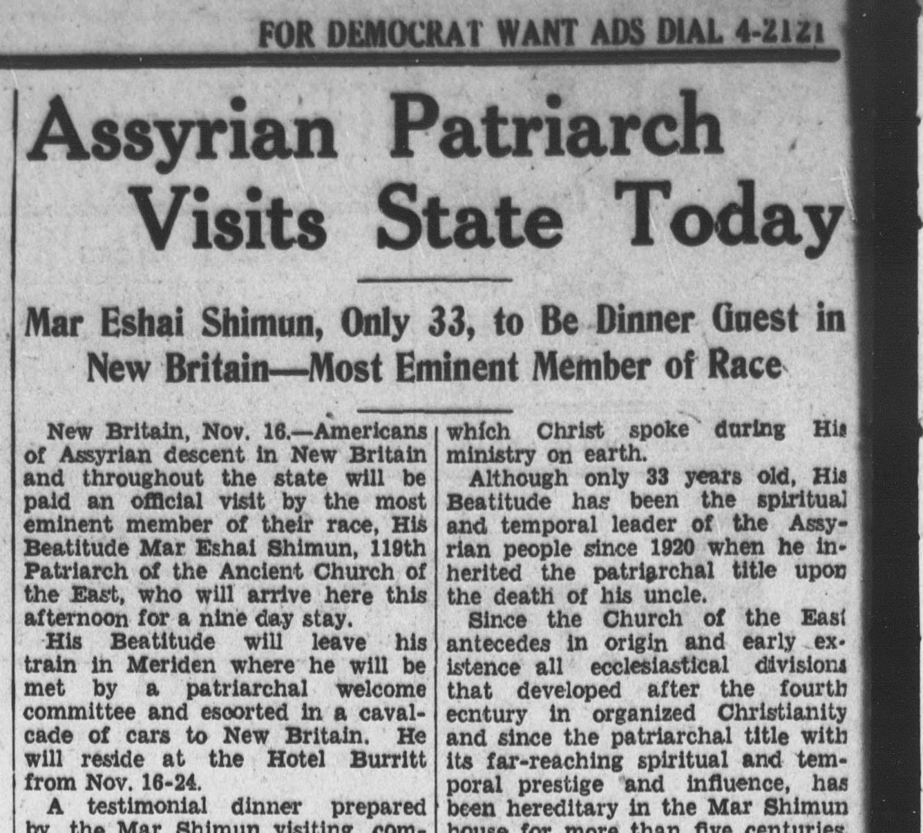 Patriarch Mar Eshai Shimun visits the Assyrians of New Britain, 1940