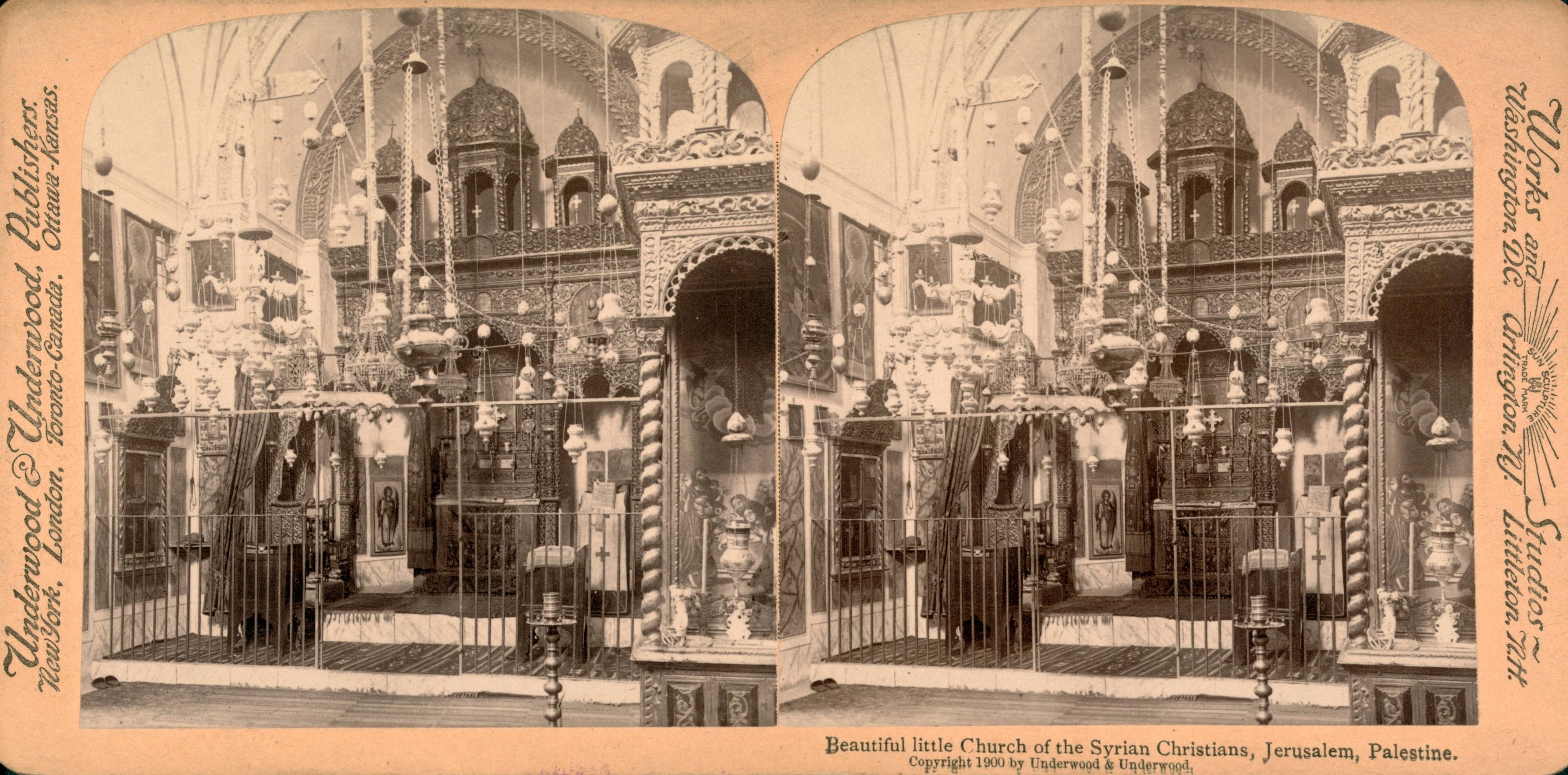 Interior of the Syriac Orthodox church in Jerusalem, stereograph, 1900
