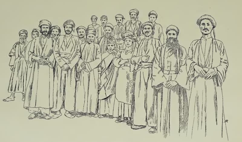 Syriac Christians of Midyat in traditional dress, drawing, 1910
