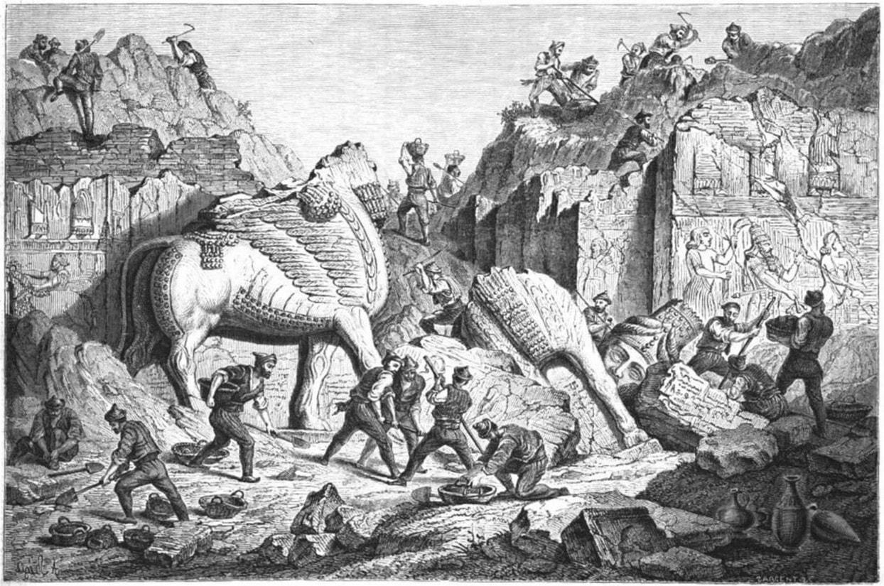 Chaldean workmen excavating at Khorsabad, 1861 engraving