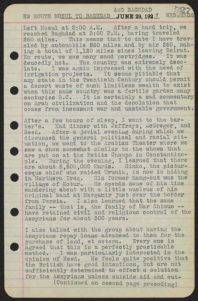 Barclay Acheson's diary report on the Assyrian refugees of Iraq, June 1927