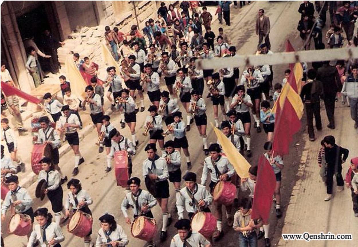 Sixth Regiment of Syriac Scouts marching in Aleppo, 1980s