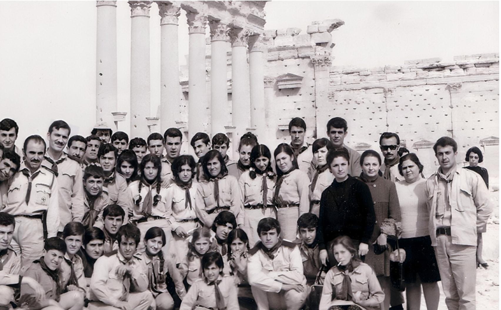 Syriac Scouts of Aleppo on an outing among ancient columns, 1960s