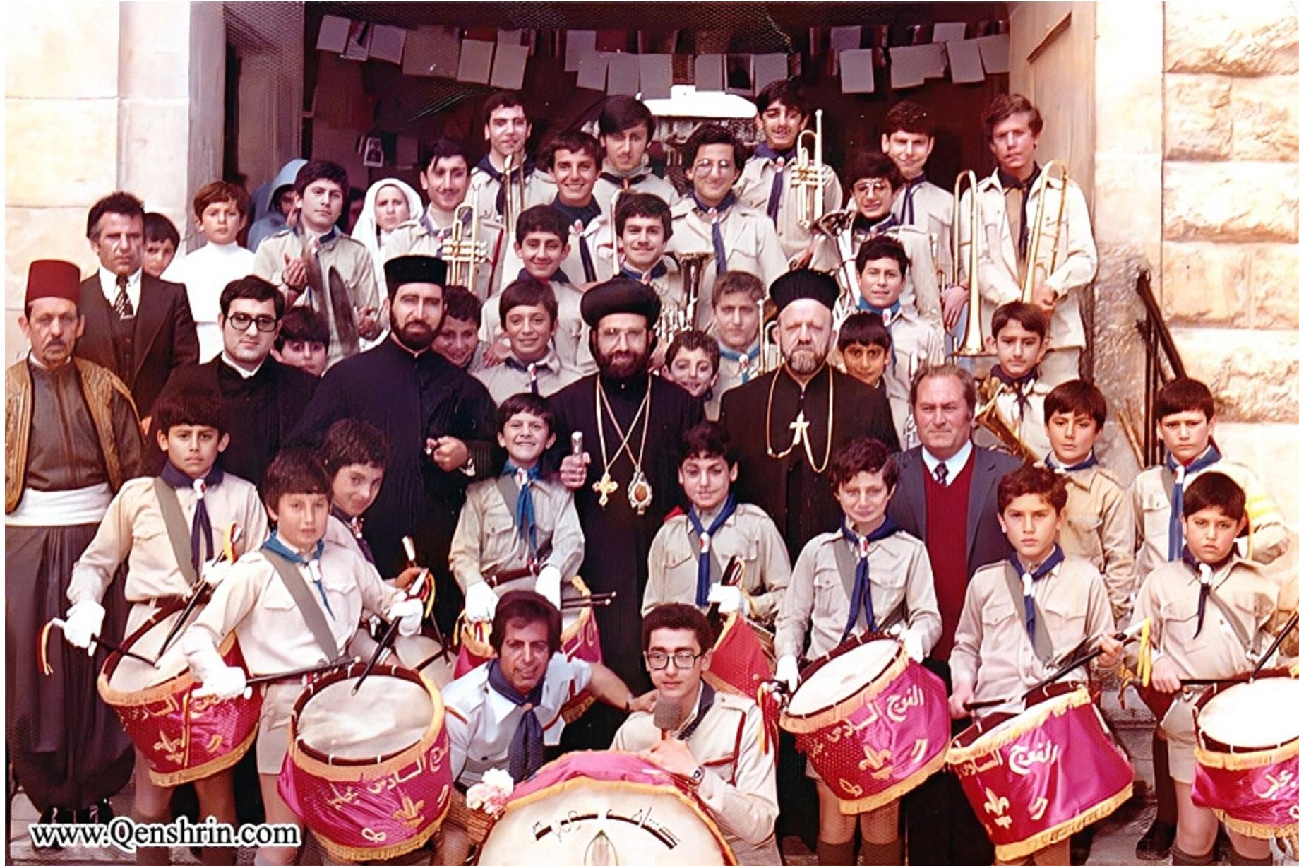Sixth Syriac Scout Troop of Aleppo with clergy, late 1970s
