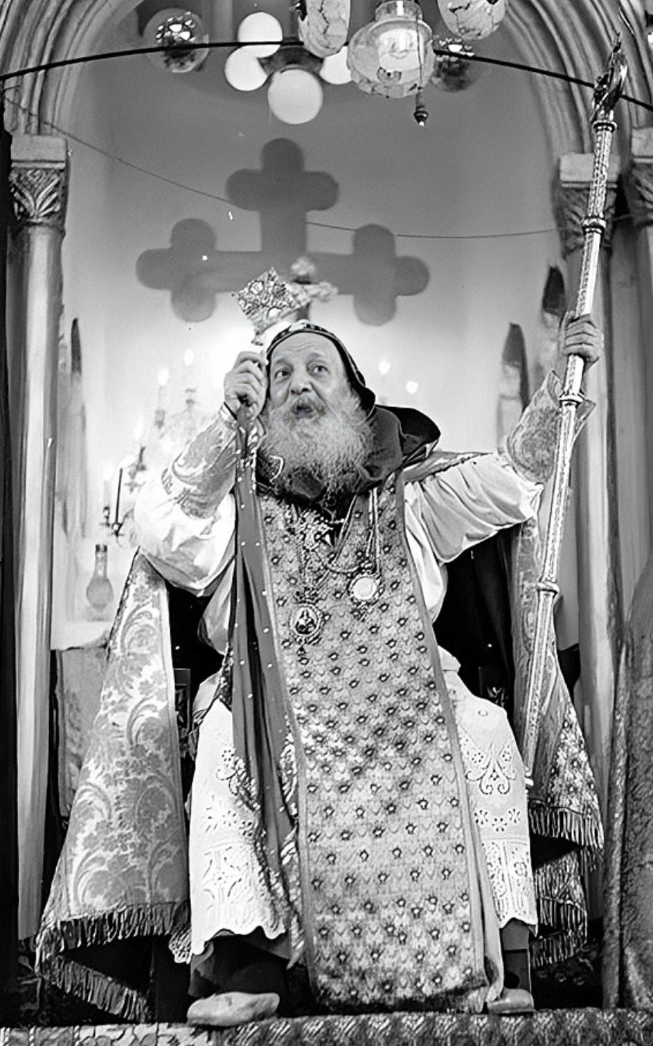 Patriarch Ignatius Aphrem I Barsoum enthroned at the consecration of St George's, Aleppo, 1953