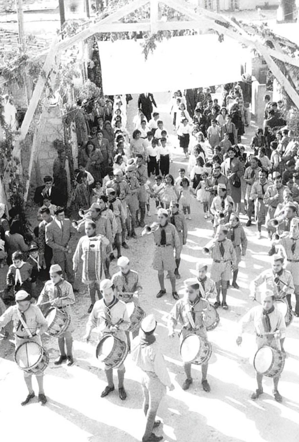 Scout band leads the procession for the patriarch's visit, Aleppo, 1953