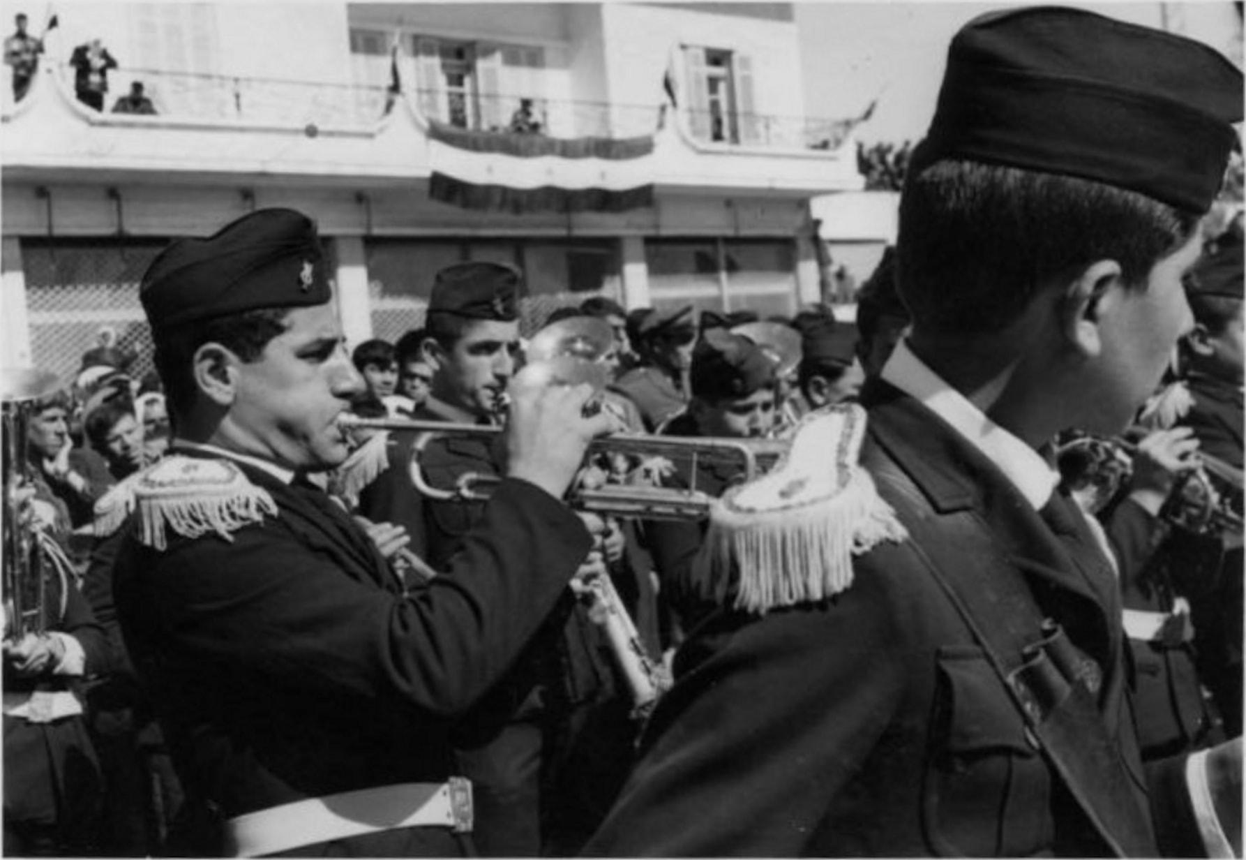 Syriac band plays at the Independence Day parade in Qamishli, 1956