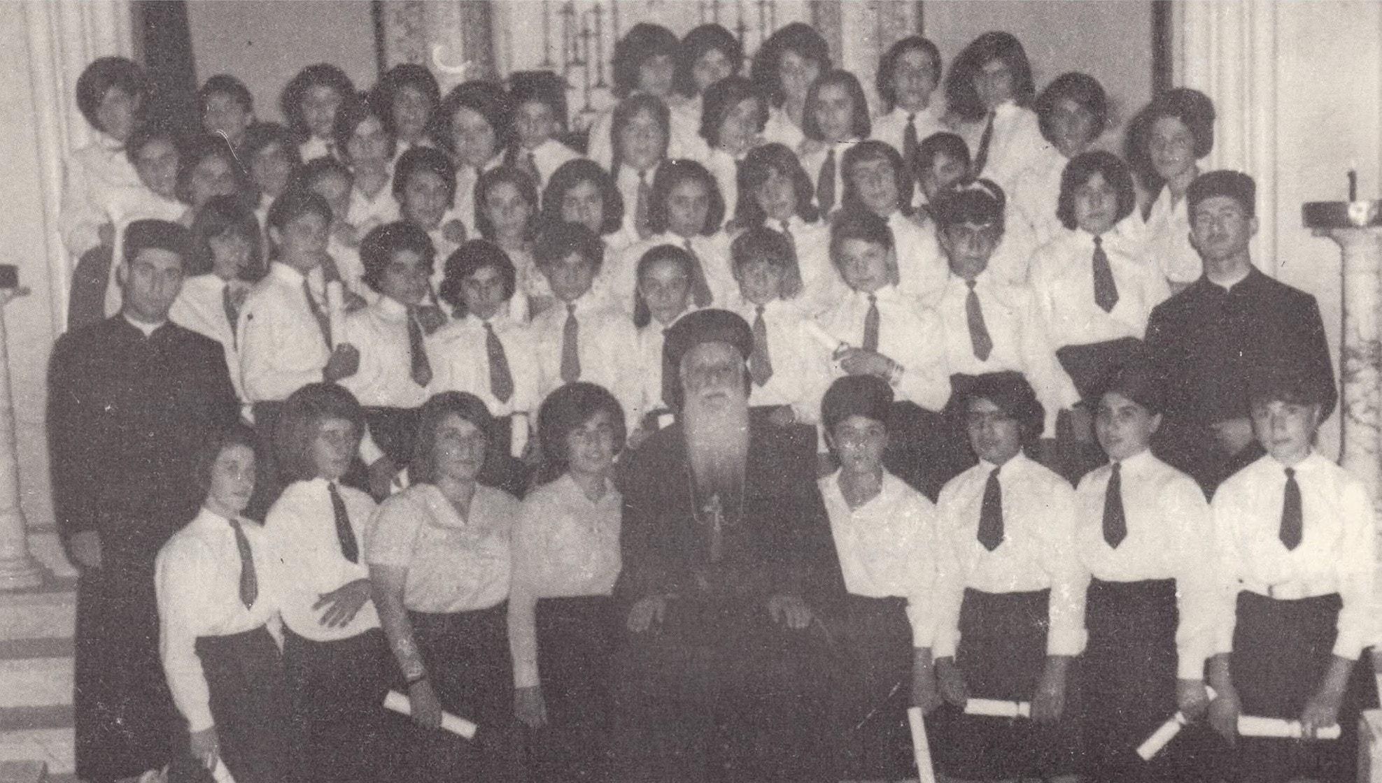 Students of the Syriac High School of Qamishli with Archbishop Ostathios Qyriakos, 1960s