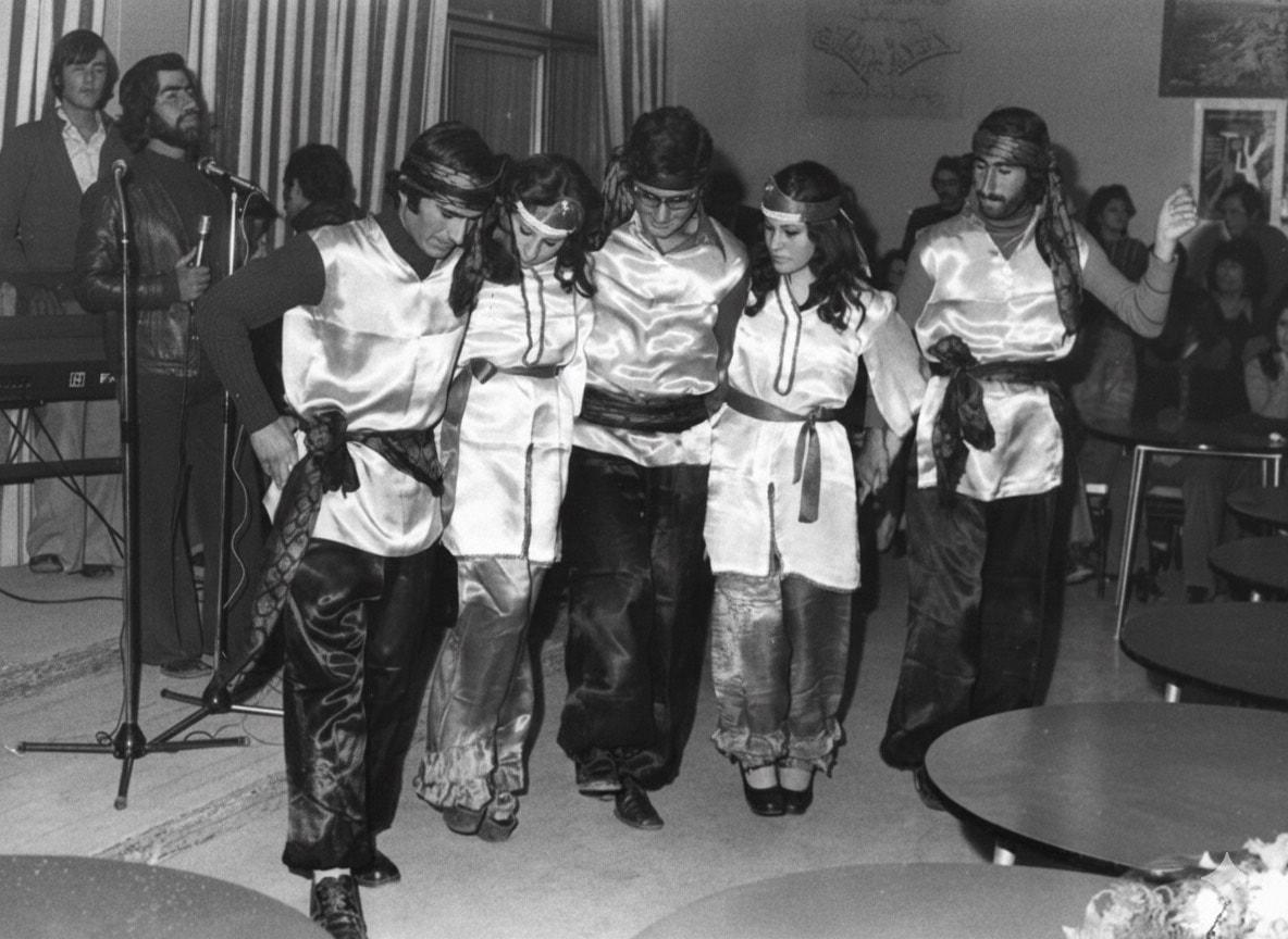 Qamishli folk dance group performs Syriac dances at the University of Aleppo, 1975