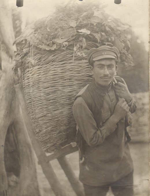 Young Assyrian man carrying grass in Arzni, Soviet Armenia, 1938