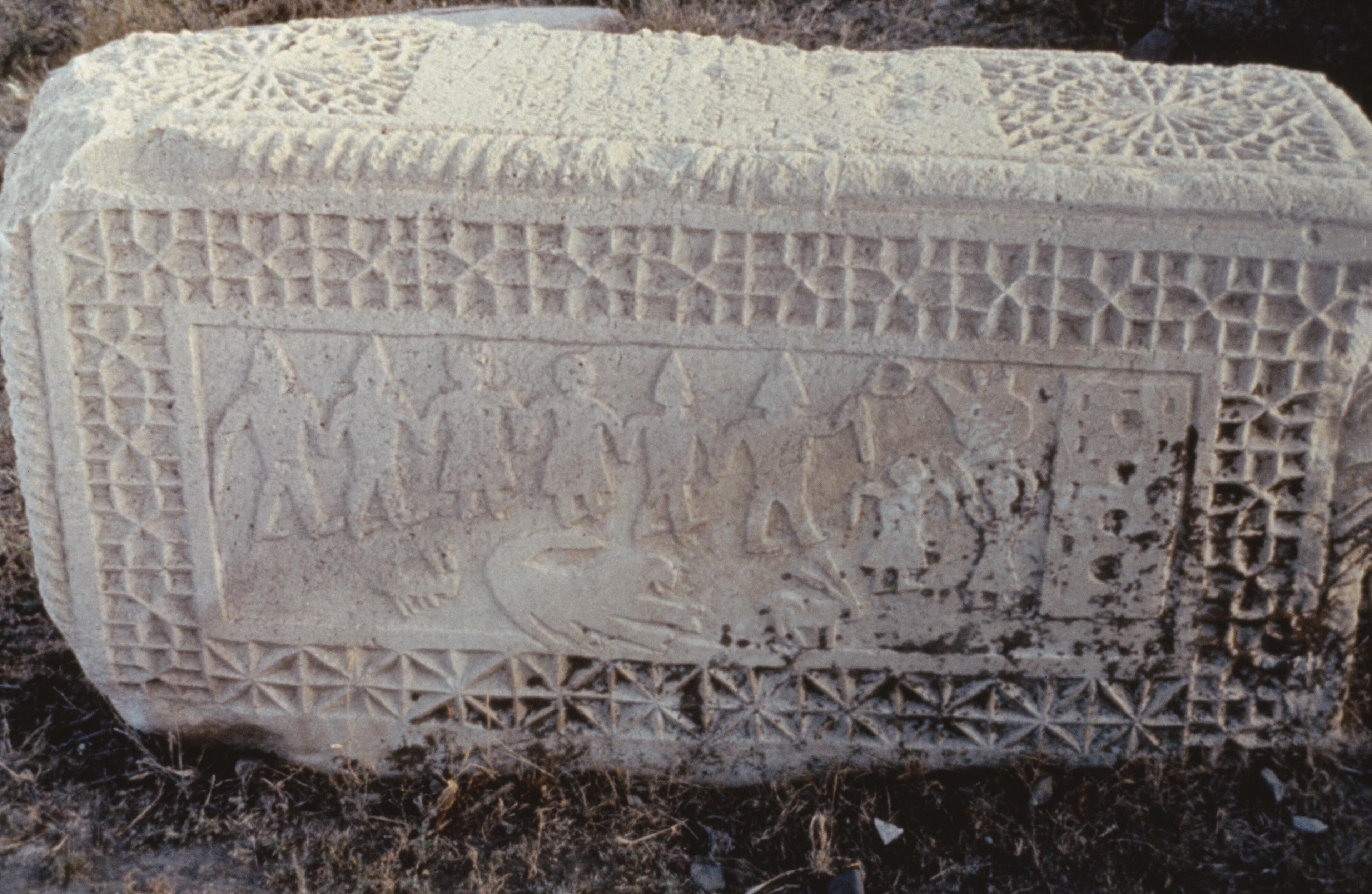 Gravestone carved with folk dancers, Spurghan cemetery, Urmia