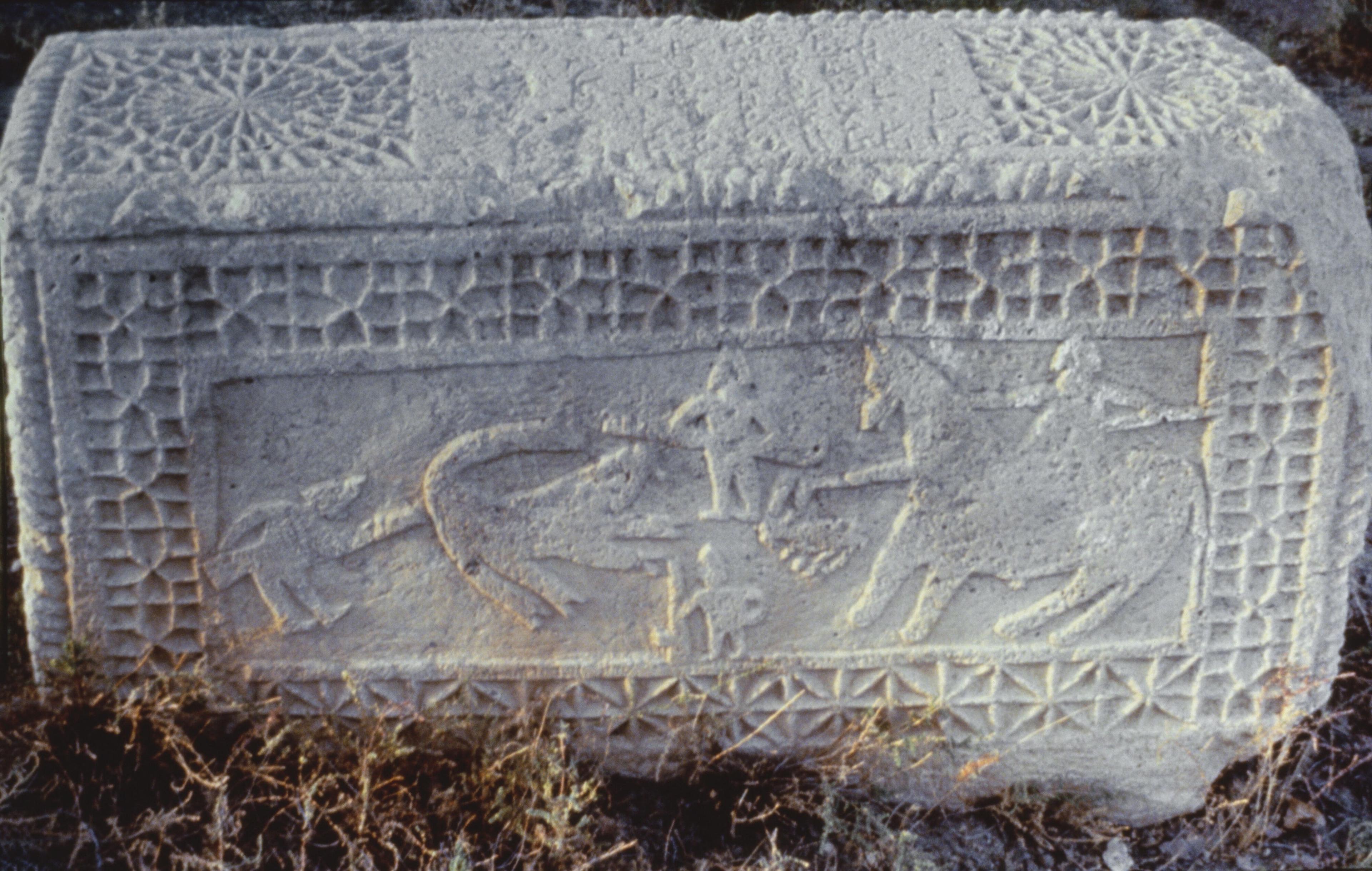 Gravestone carved with a hunting scene, Spurghan cemetery, Urmia