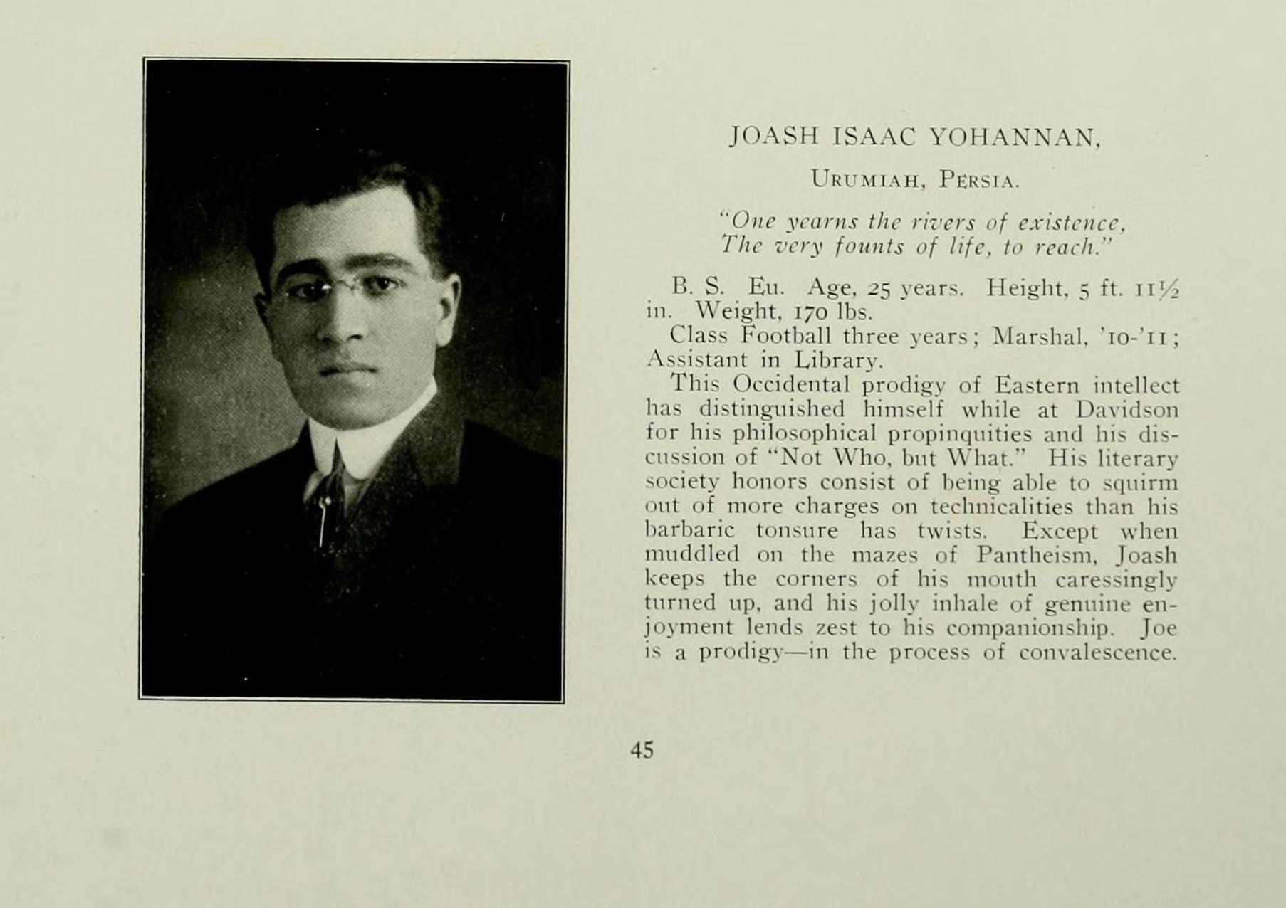 Joash Isaac Yohannan of Urmia, Davidson College senior, 1911