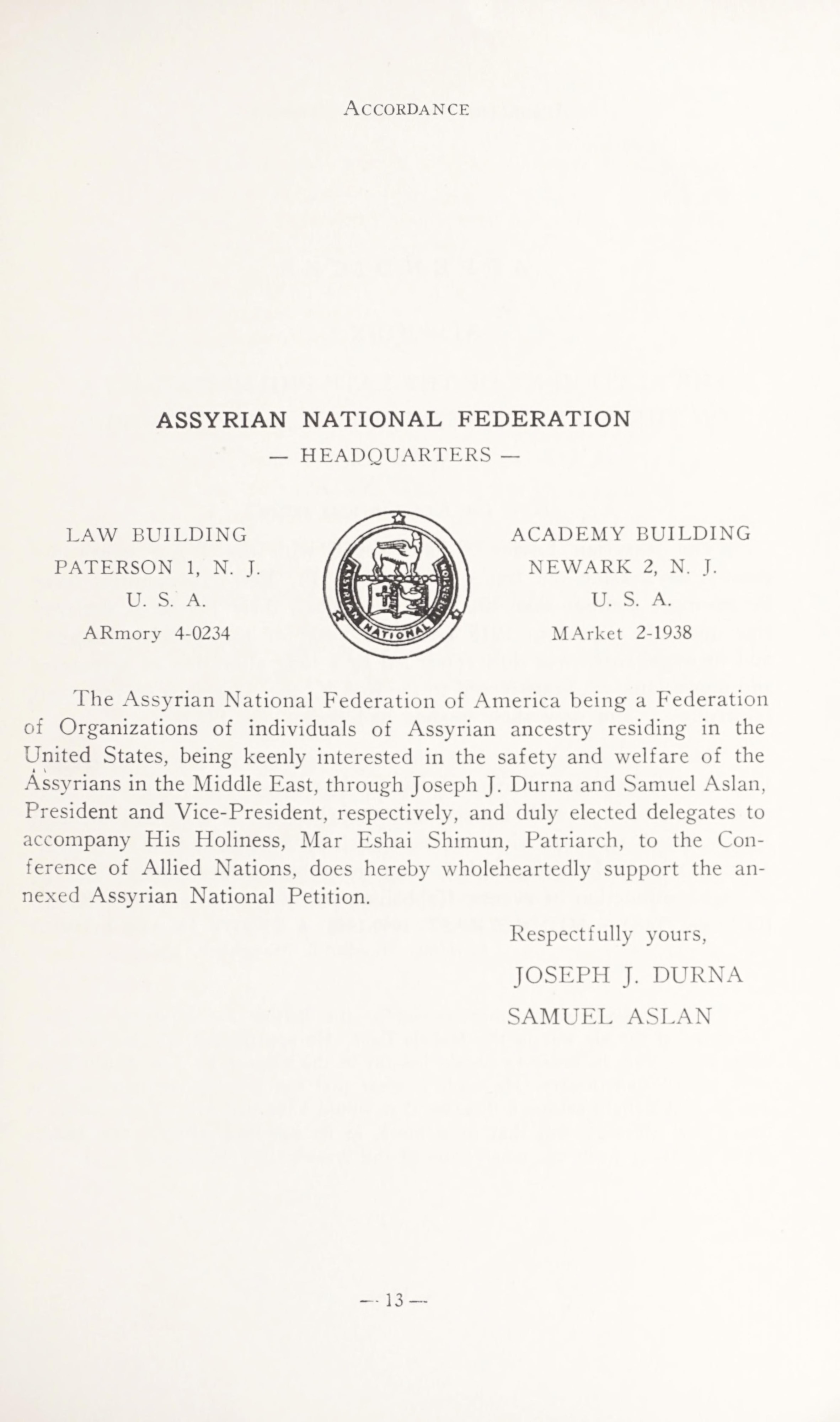 Assyrian National Federation backs the Patriarch's UN petition, 1945