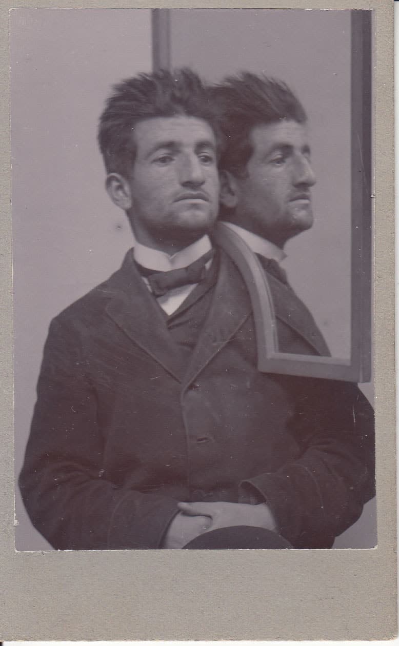 Josef Cohn, Assyrian from Urmia, police portrait with mirror, Stockholm, 1905