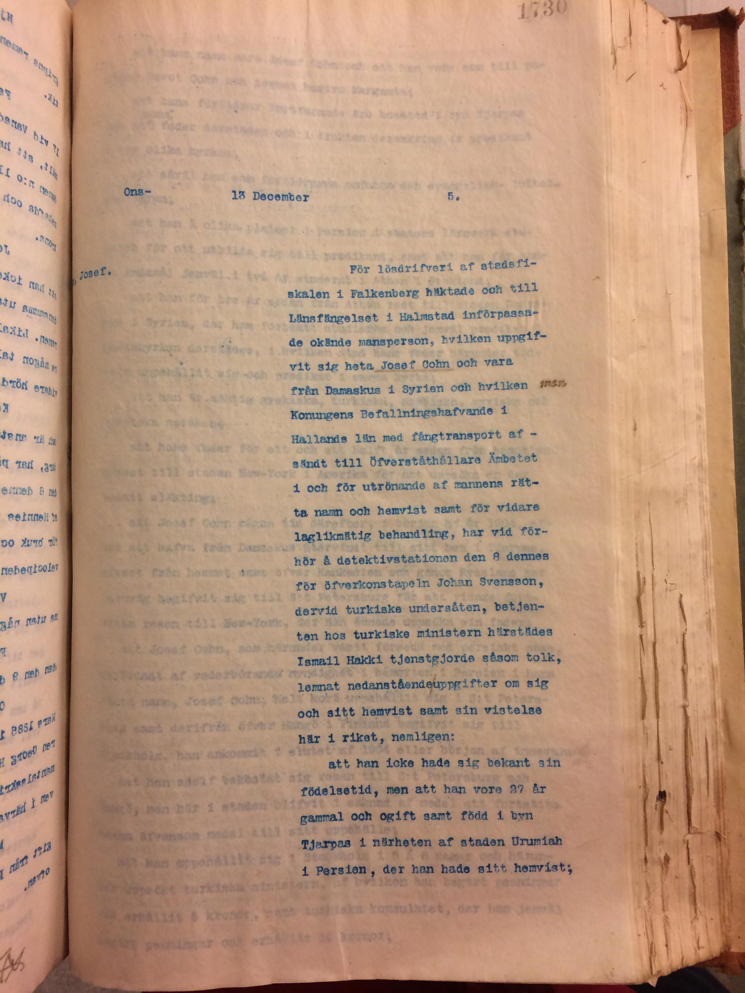 Stockholm police report on the Assyrian Josef Cohn, 1905