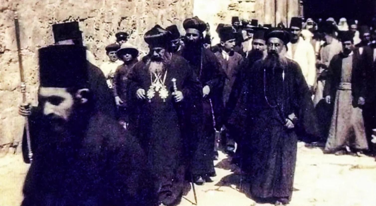 Patriarch Ignatius Elias III with Syriac Orthodox clergy at the Holy Sepulchre, 1930
