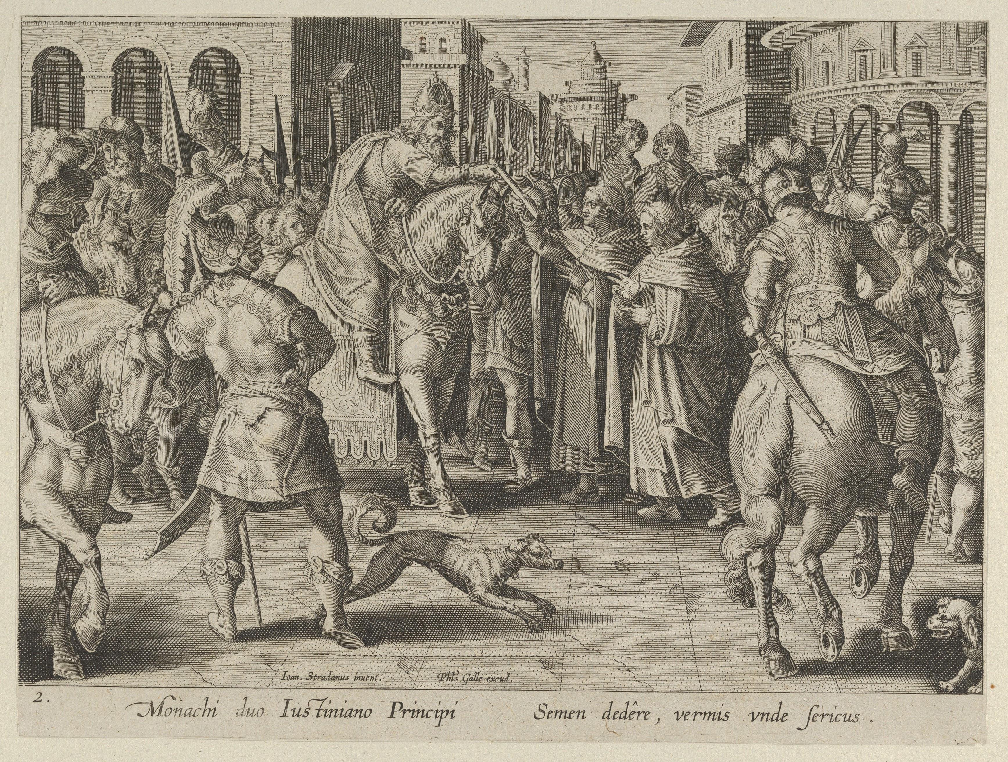 Nestorian monks bring silkworm eggs to Justinian, engraving about 1595