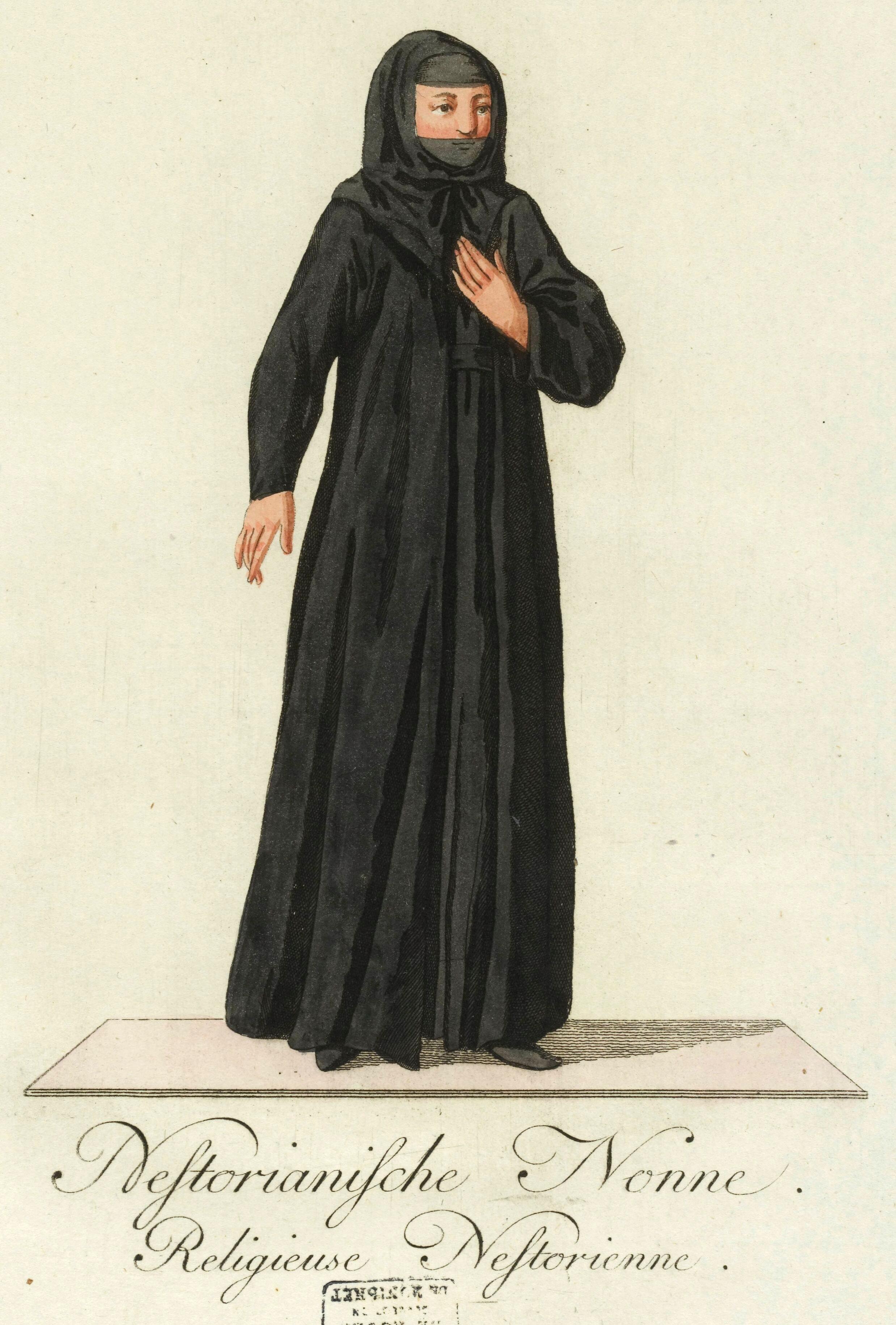 A Nestorian nun, hand-coloured print, Mannheim, about 1788