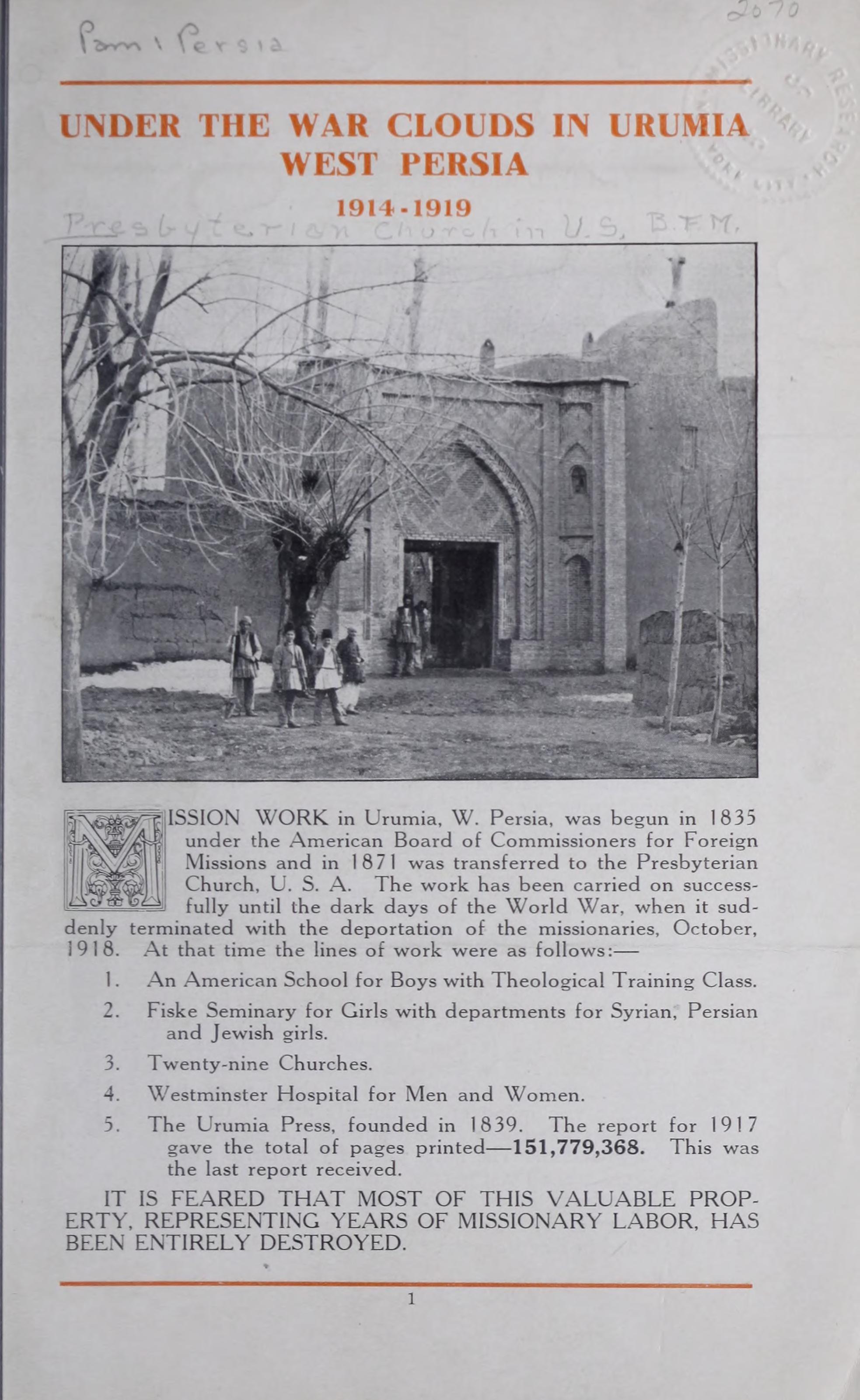 Under the War Clouds in Urumia, 1919 mission leaflet