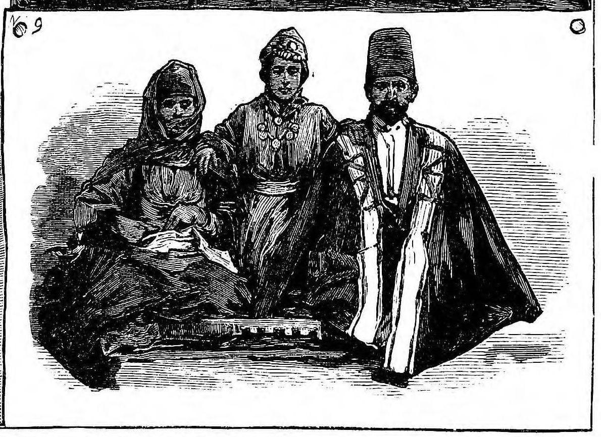 Persian Nestorian priest and ladies, engraving, 1882