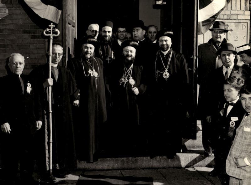 Patriarch Yacoub III at the Virgin Mary church on the first patriarchal visit to America, 1960