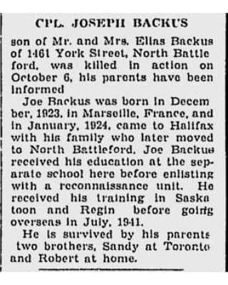 Newspaper notice of the death of Cpl. Joseph Backus, 1944