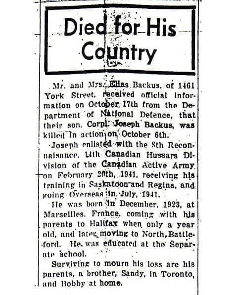 "Died for His Country": newspaper notice of Cpl. Joseph Backus, 1944