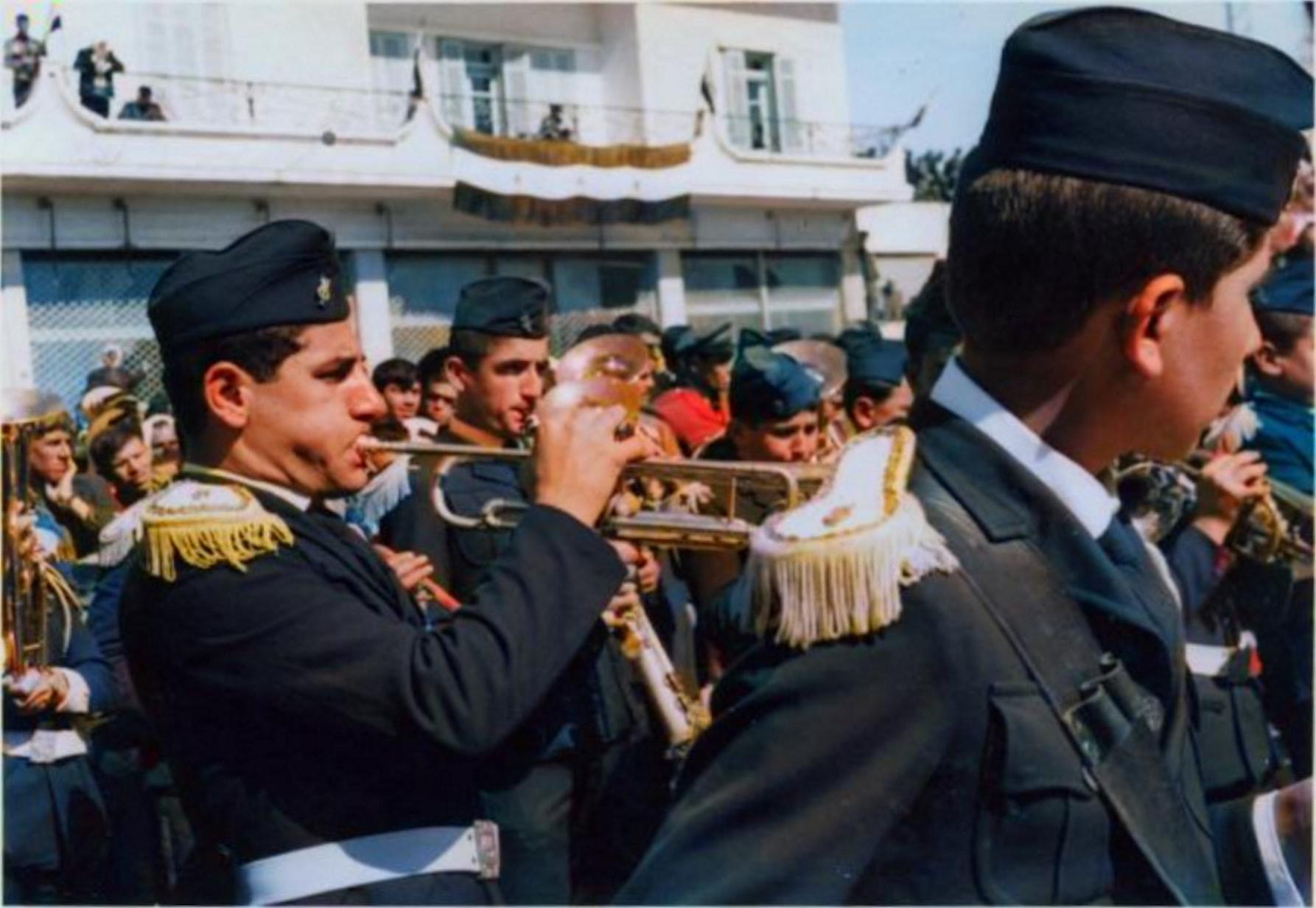 Syriac band plays at the Independence Day parade in Qamishli, 1956