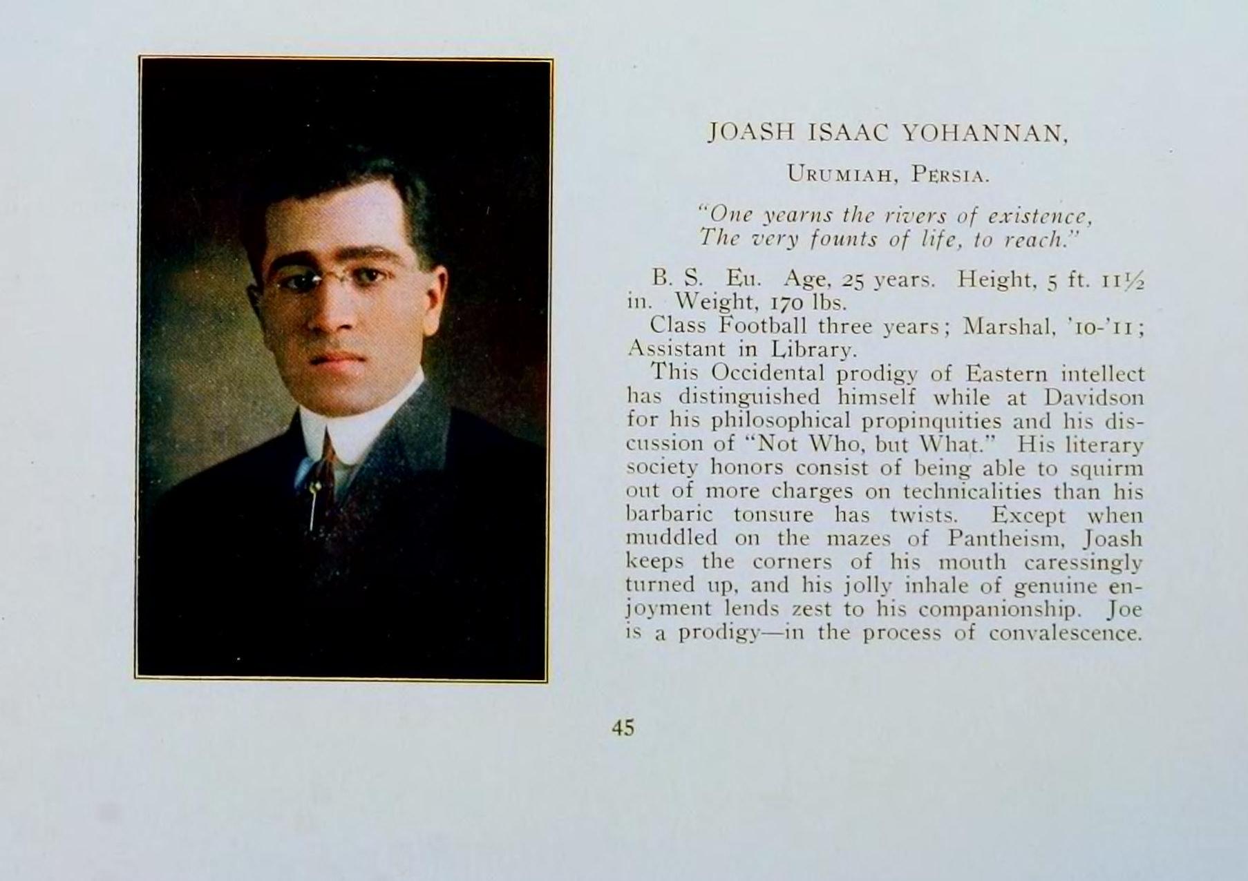 Joash Isaac Yohannan of Urmia, Davidson College senior, 1911