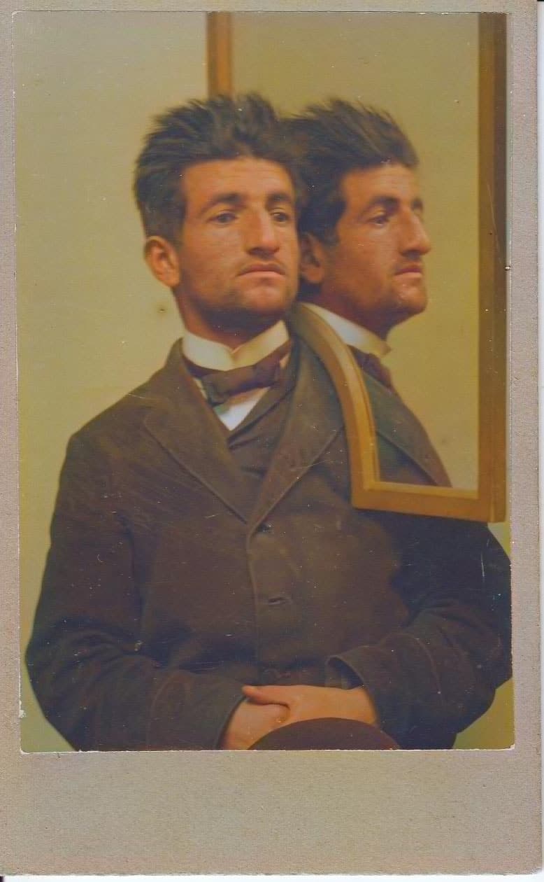 Josef Cohn, Assyrian from Urmia, police portrait with mirror, Stockholm, 1905